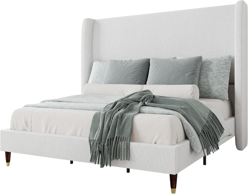 Jocisland Queen Size Bed Frame 51.2' Wingback Headboard Linen Upholstered Platform Bed with Solid Wood Legs & Wooden Slats, No Box Spring Needed, Modern Minimalist Style, Easy Assembly, White