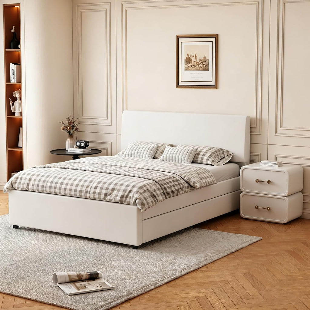 Full Size Upholstered Platform Bed with Trundle,2 Storage Drawers & USB/Type-C Charging,Chenille Fabric Bed Frame with APP-Controlled LED Lights,No Box Spring Needed,800LBS Capacity for Bedroom,Beige