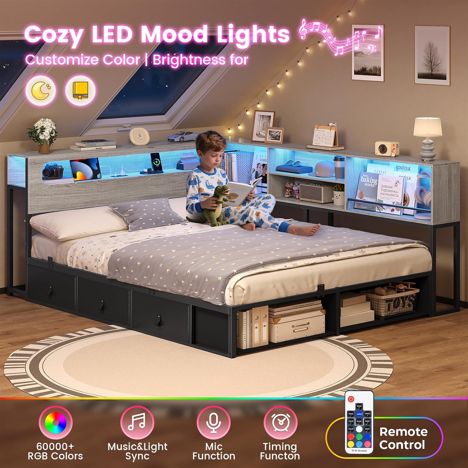 ADORNEVE Corner Bed Frame Full Size with Bookcase Storage & RGB Lights, Charging Station, Metal Daybed with 3 Drawers & 2 Open Cubbies, for Teens, Small Space, Black & Oak Grey