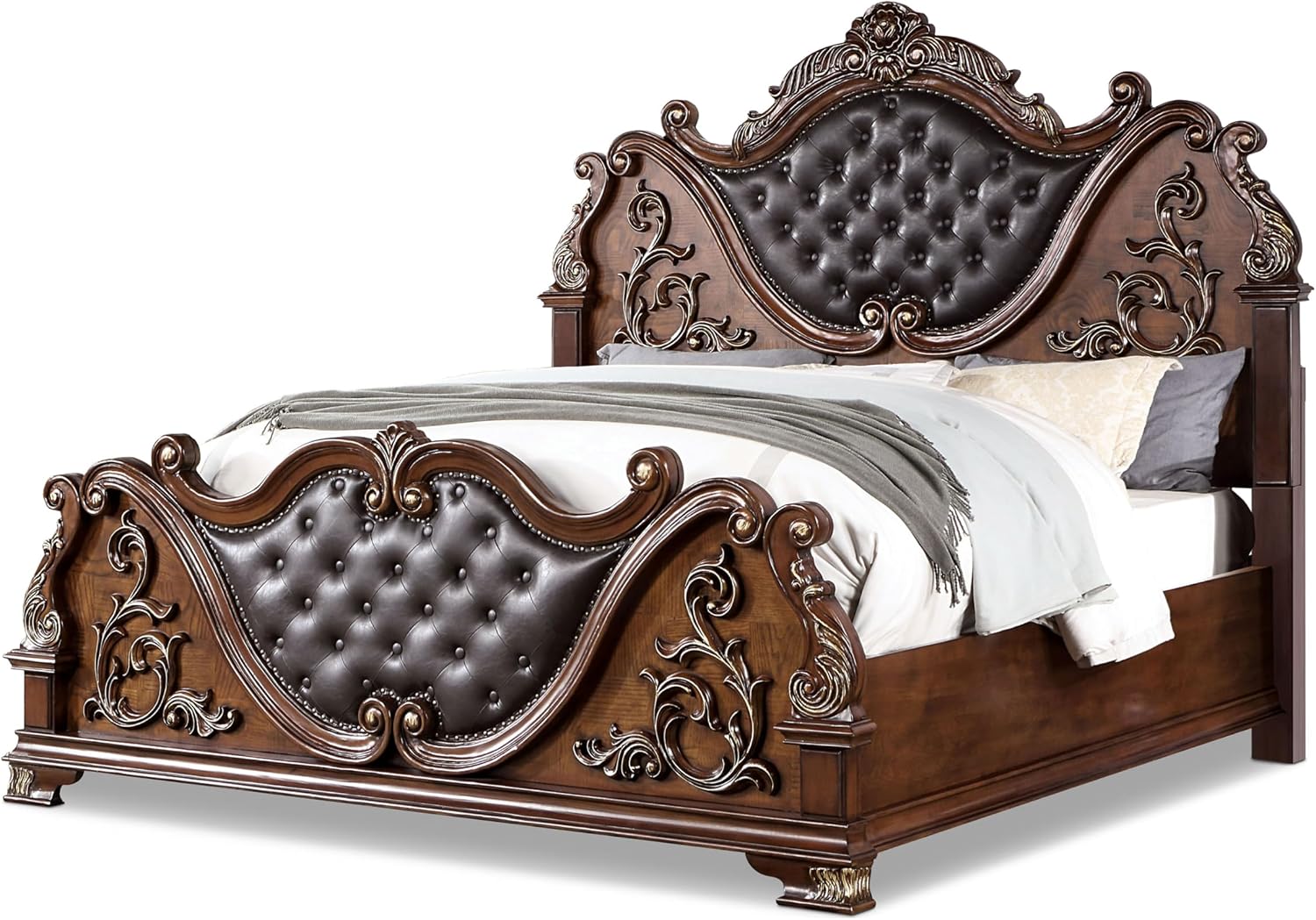 Furniture of America Clairibel Wood 3-Piece Bedroom Set, Queen-Size Bed with Button-Tufted Headboard, Marble Top Nightstand & Dovetail Drawers, Box Spring Required, Brown Cherry