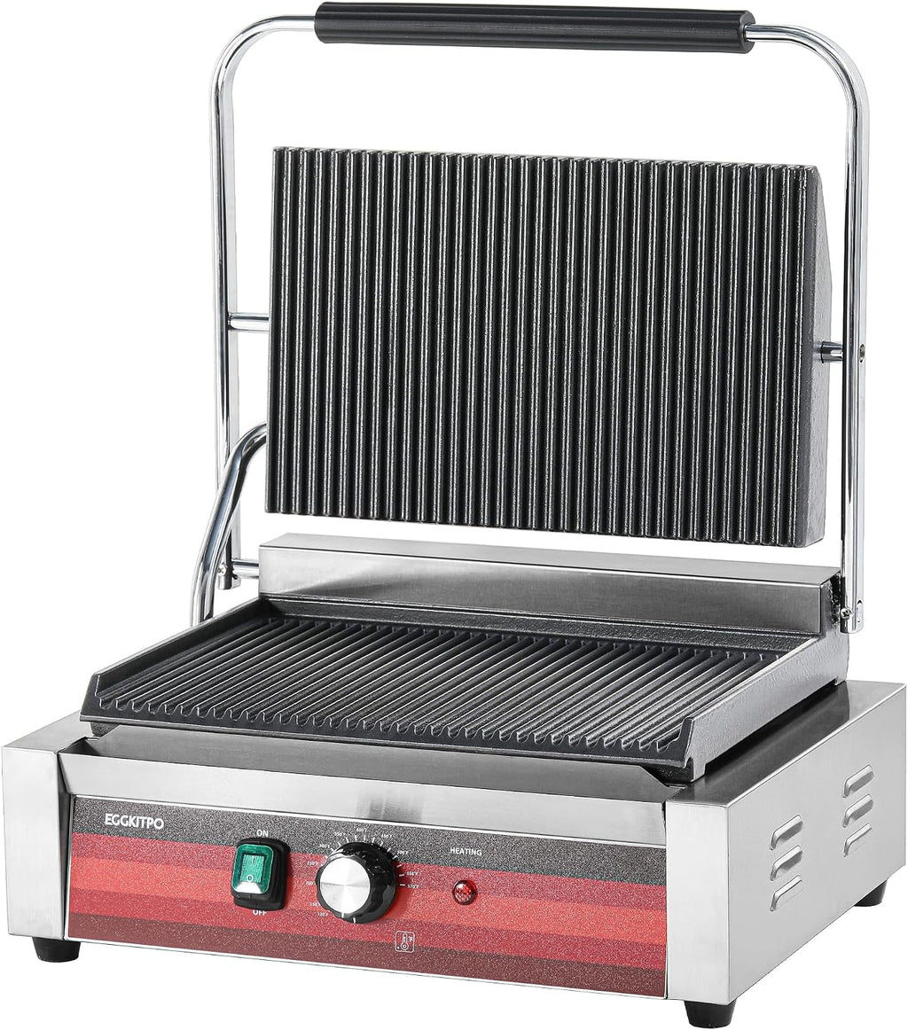 EGGKITPO Commercial Panini Press Grill with Grooved Plates Electric Sandwich Maker with Adjustable Temp Control 110V 1700W 14'×9.5' Ribbed Enamel Plates for Breakfast and Hamburger in Home Kitchen
