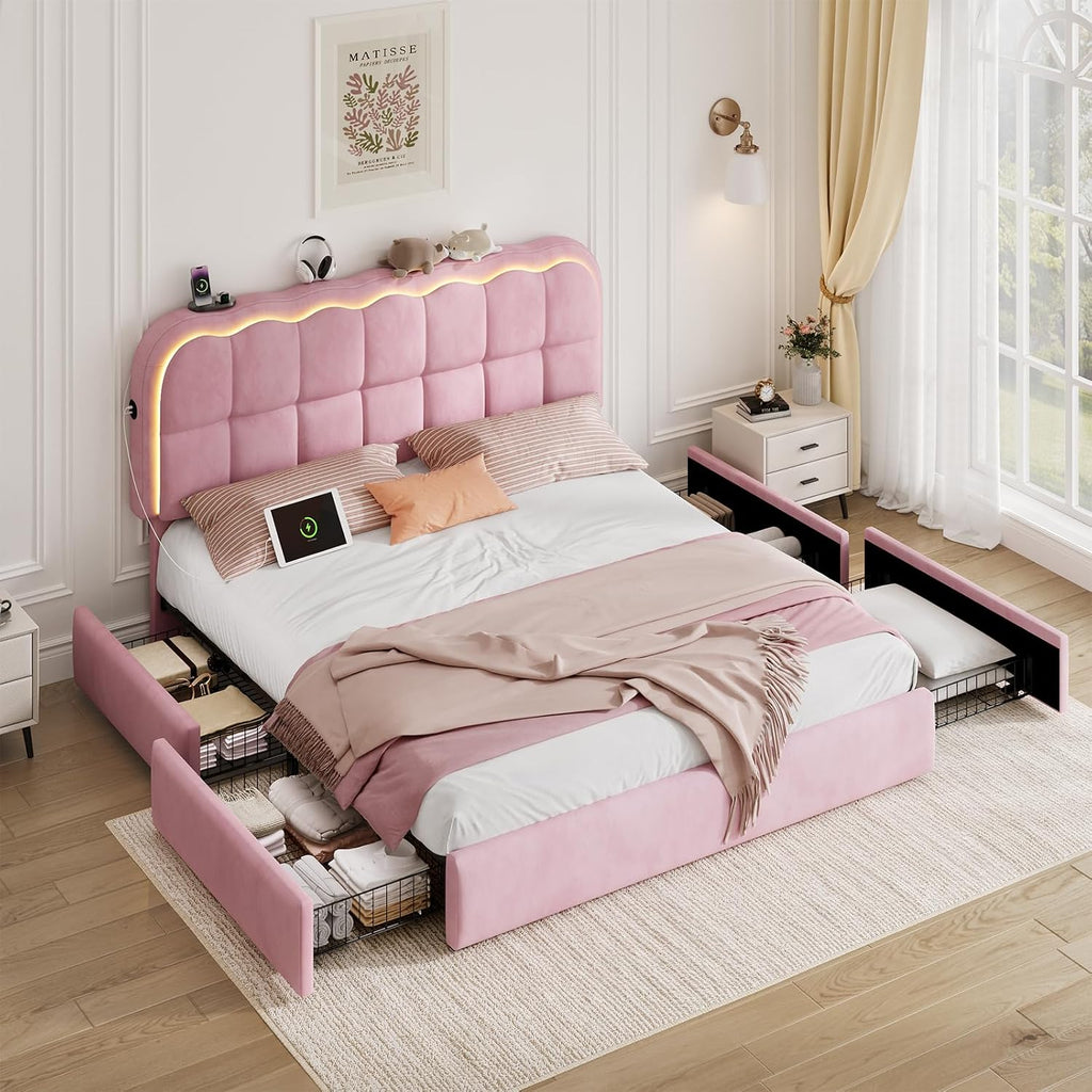 CypBed Queen Size Bed Frame with 4 Storage Drawers & LED Lights, Velvet Upholstered Platform Bed Frame with Charing Station and Adjustable Headboard, Wood Slats Support, No Box Spring Needed, Pink