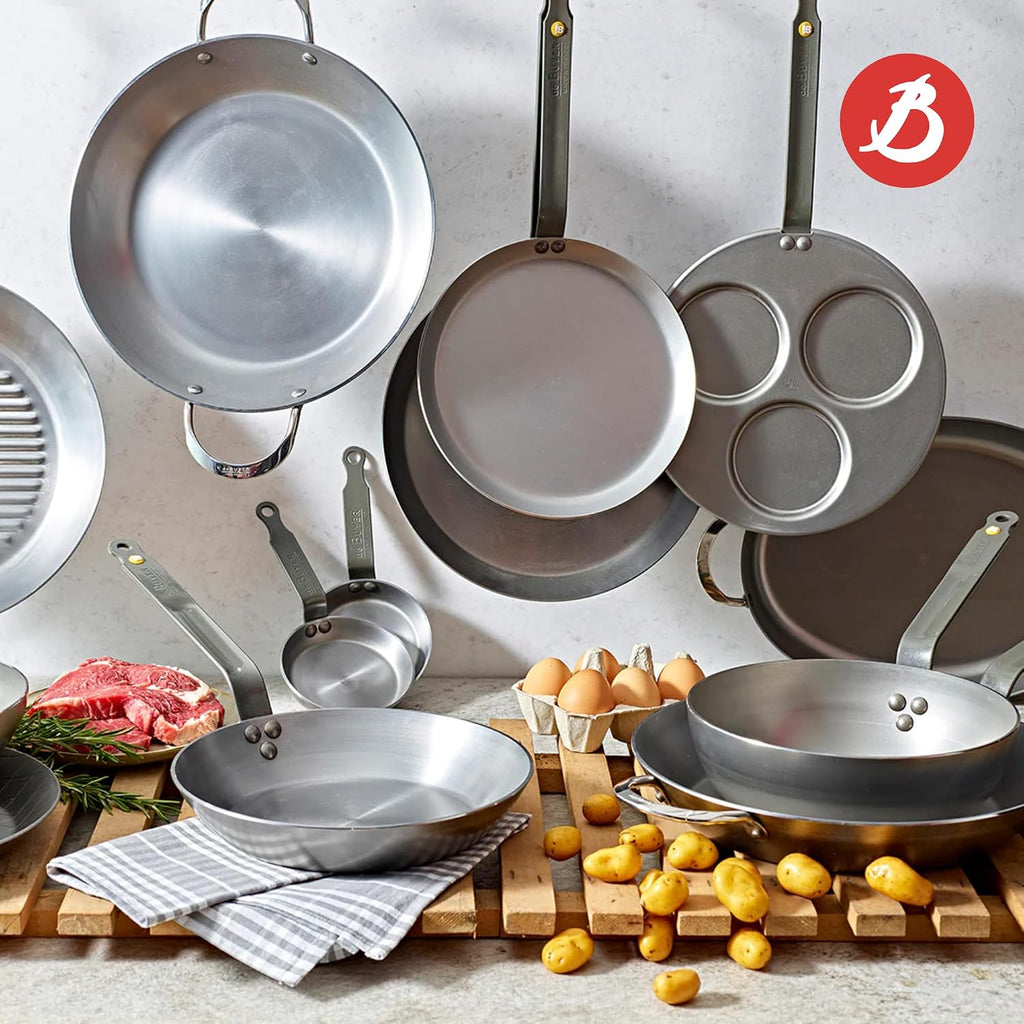 de Buyer MINERAL B Carbon Steel Country Fry Pan - 12.5' Diameter, 8.9' Cooking Surface - Ideal for Sauteing, Simmering, Deep & Stir Frying, One-Pan Meals - Naturally Non-Stick Finish - Made in France