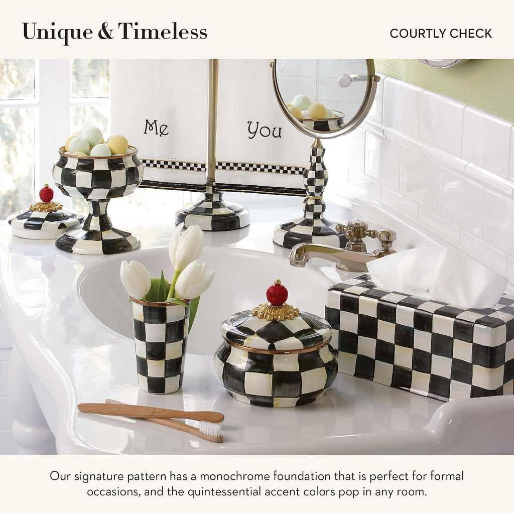 MACKENZIE-CHILDS Enamel Toilet Tissue Storage, Decorative Toilet-Paper Holder Stand for Bathroom, Black-and-White Courtly Check