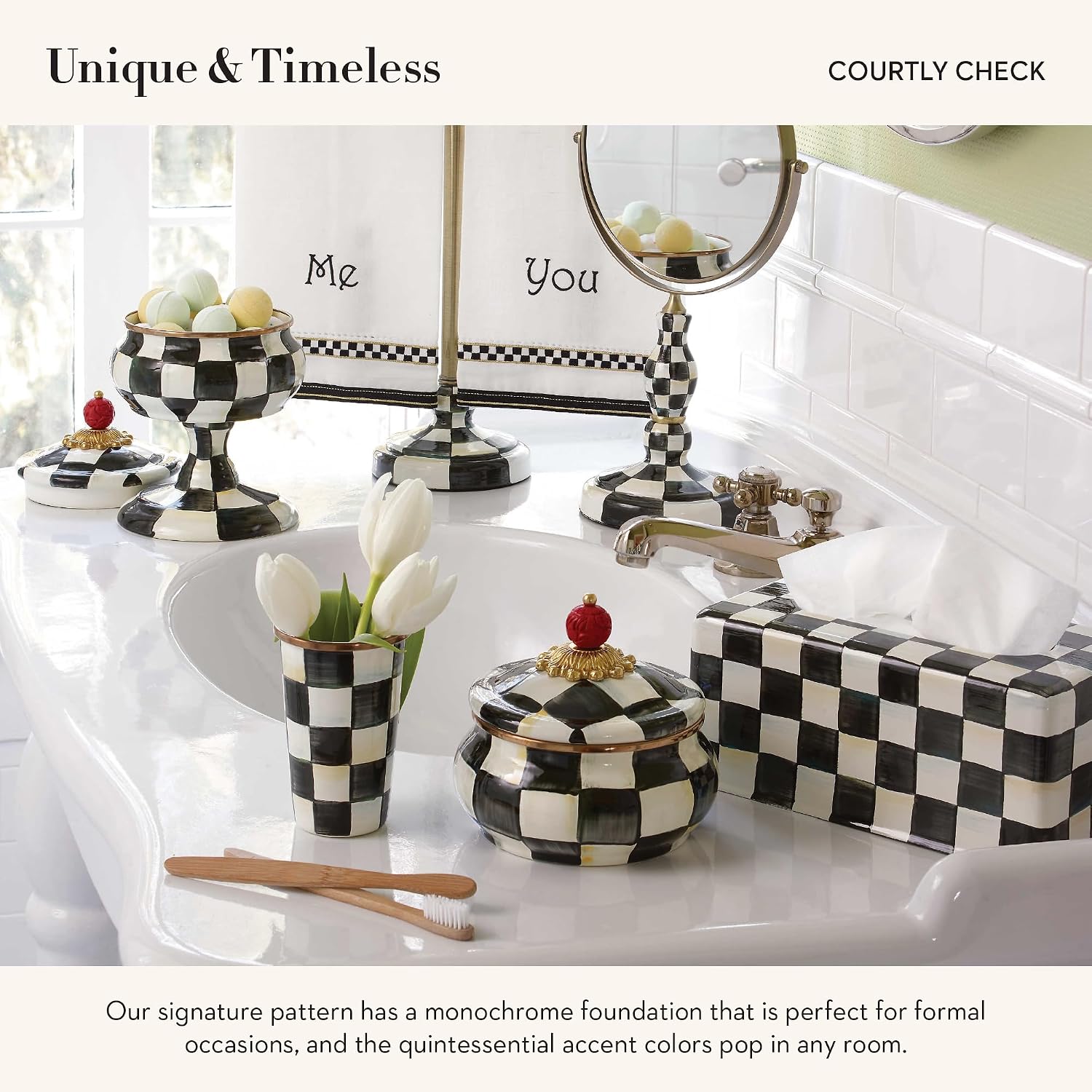 MACKENZIE-CHILDS Enamel Toilet Tissue Storage, Decorative Toilet-Paper Holder Stand for Bathroom, Black-and-White Courtly Check