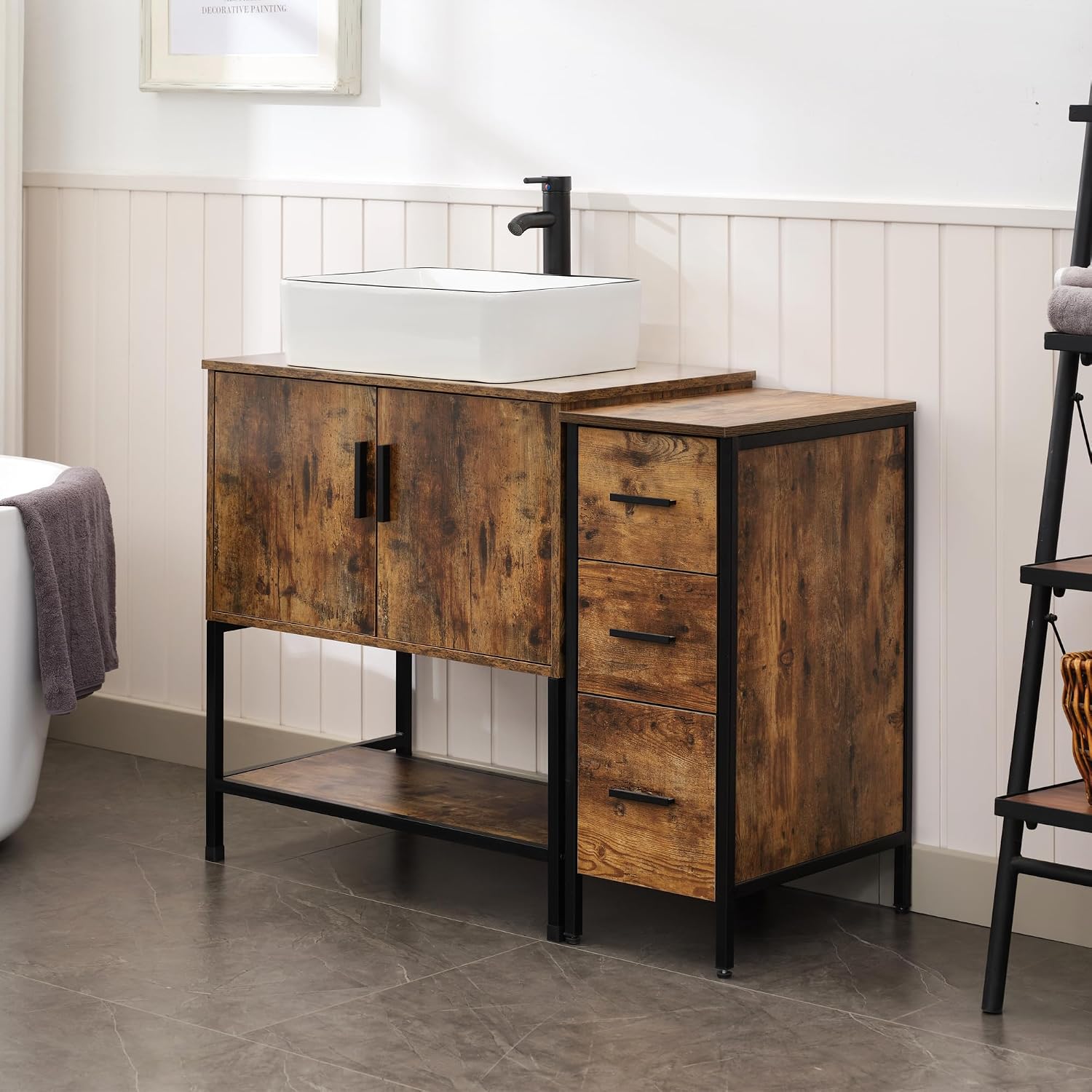 UEV 42' Rustic Brown Bathroom Vanity with Sink Combo,Industrial Iron Frame Bathroom Cabinet Sets with 3 Drawers Side Cabinet,Modern Artistic Ceramic Vessel Sink(031WH)