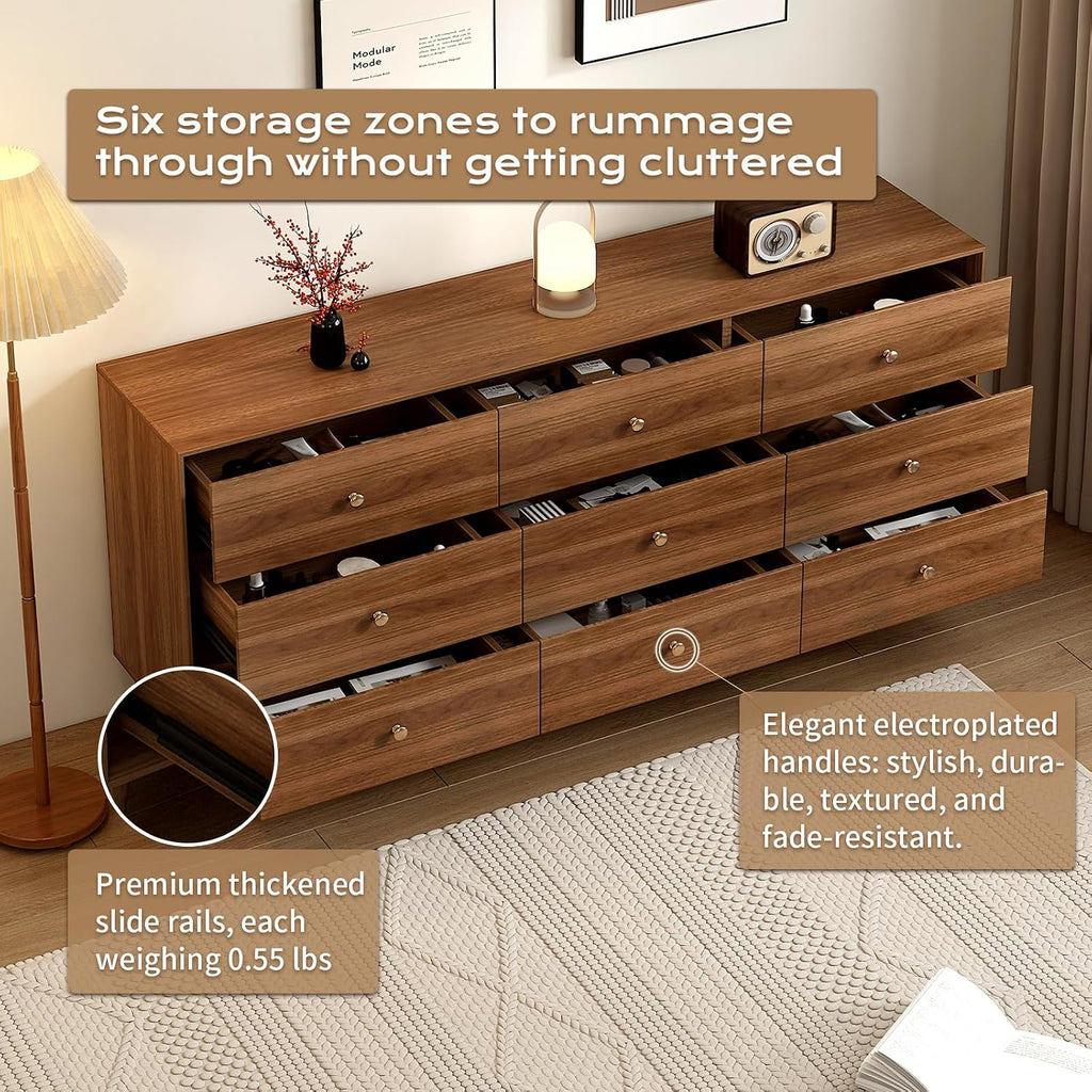 Messenya 9 Drawer Dresser for Bedroom, 63 Inch Walnut Dresser for Closet, Mid Century Wood Chest of Drawers with Natural Texture & Pre-Embedded Slots for TV Stand, Living Room, Hallway, Office