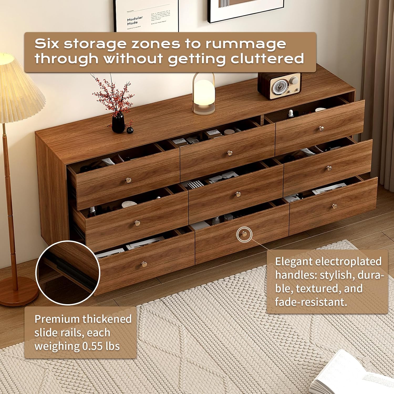 Messenya 9 Drawer Dresser for Bedroom, 63 Inch Walnut Dresser for Closet, Mid Century Wood Chest of Drawers with Natural Texture & Pre-Embedded Slots for TV Stand, Living Room, Hallway, Office
