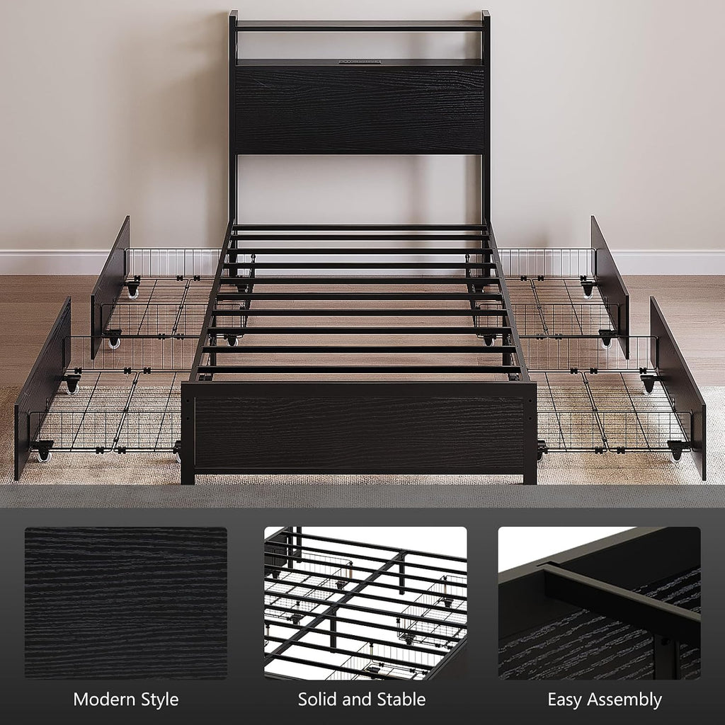 VINGLI Twin Bed Frame Set of 2 with 4 Storage Drawers and Adjustable Headboard Shelf, Metal Platform with Charging Station and LED Lights, No Box Spring Needed, Noise Free, Easy Assembly, Black
