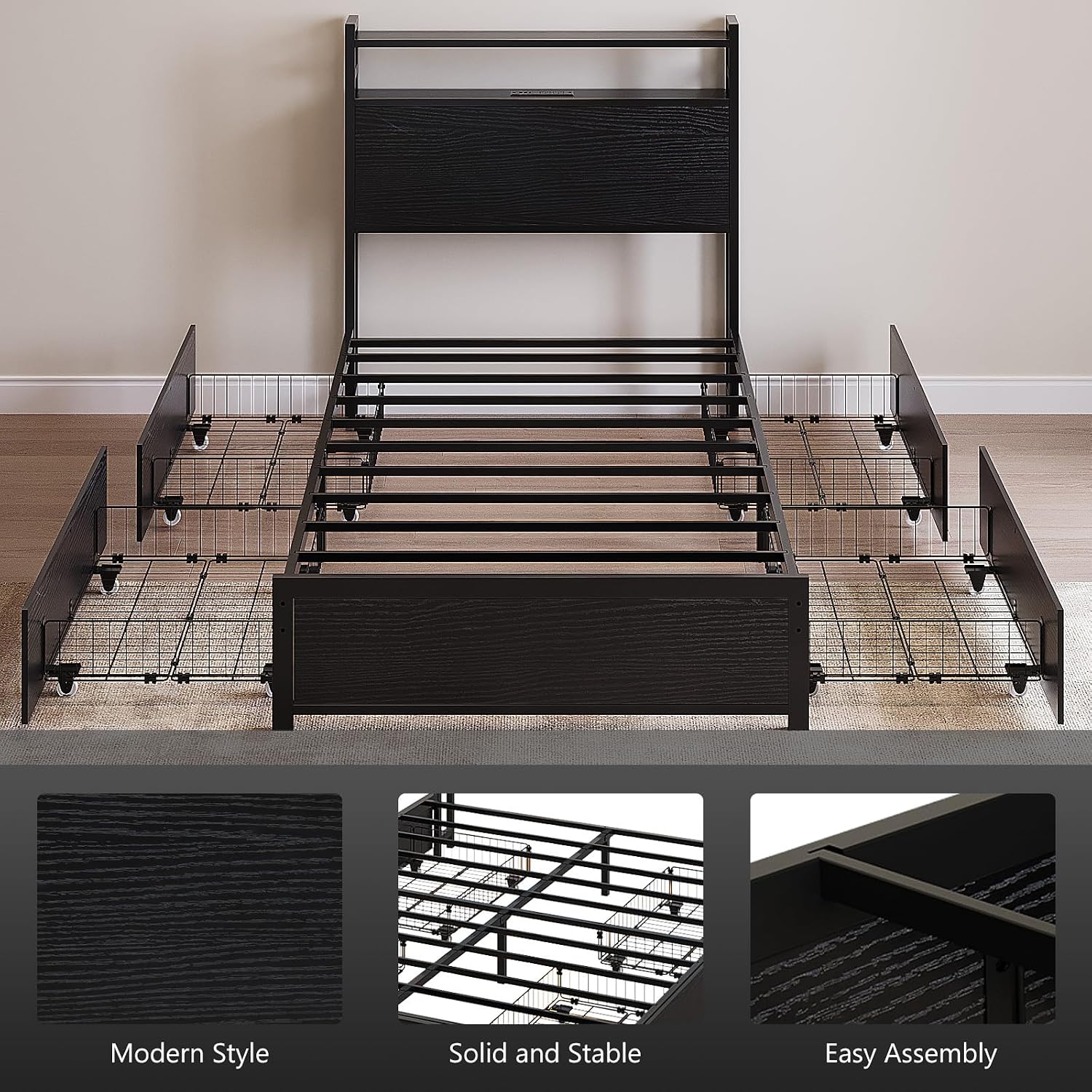 VINGLI Twin Bed Frame Set of 2 with 4 Storage Drawers and Adjustable Headboard Shelf, Metal Platform with Charging Station and LED Lights, No Box Spring Needed, Noise Free, Easy Assembly, Black