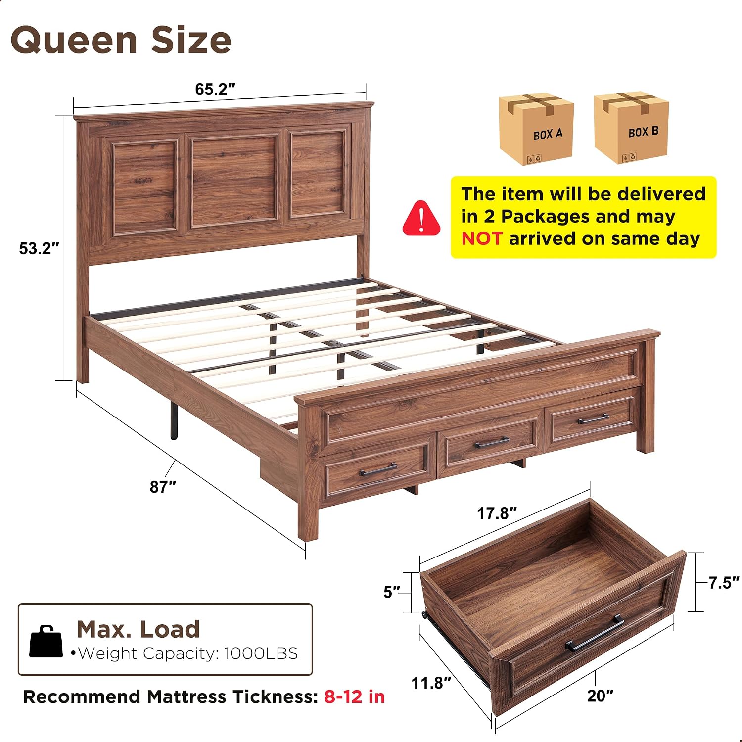 JXQTLINGMU Farmhouse Queen Wood Bed Frame with 52' Tall Headboard & 20' H Footboard, Platform Bedframe with Hidden Storage Drawers, Noiseless, No Box Spring Required, Brown