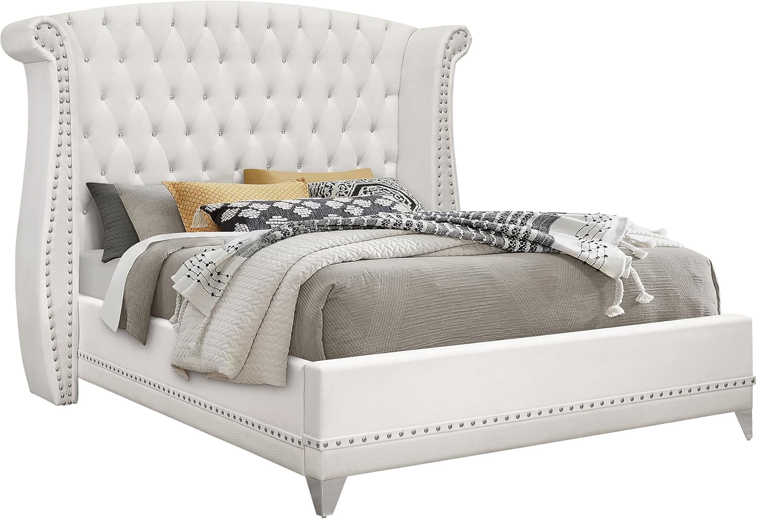 Coaster Home Furnishings - Barzini - Wood - Upholstered Platform Bed with Wingback Headboard, Button Tufting, Crystal-Like Accents, and Tapered Legs - Bedroom - Eastern King Size - White - 300843KE