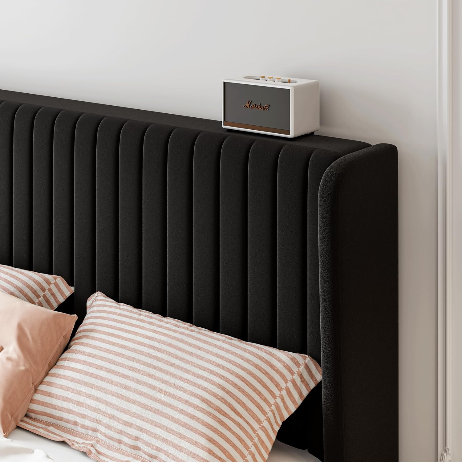 SHA CERLIN Full Size Velvet Bed Frame with Vertical Channel Tufted Wingback Headboard, Upholstered Platform Bed with Wood Slats, No Box Spring Needed, Easy Assembly, Black