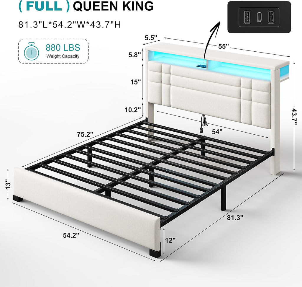 EnHomee Full Size Bed Frame with Charging Station and LED Lights, Full Bed Frame with 2-Tier Storage, Upholstered Platform Bed Frame, Sturdy Metal Slats, No Box Spring Need, Beige