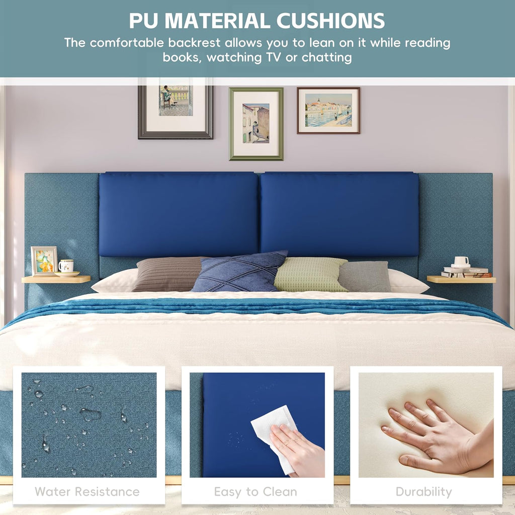 Merax King Size Upholstered Platform Bed Frame with Large PU Leather Headboard and Bothside Shelves, Modern Bedroom Furniture & Solid Wood Slats Support, No Box Spring Needed, Easy Assembly, Blue