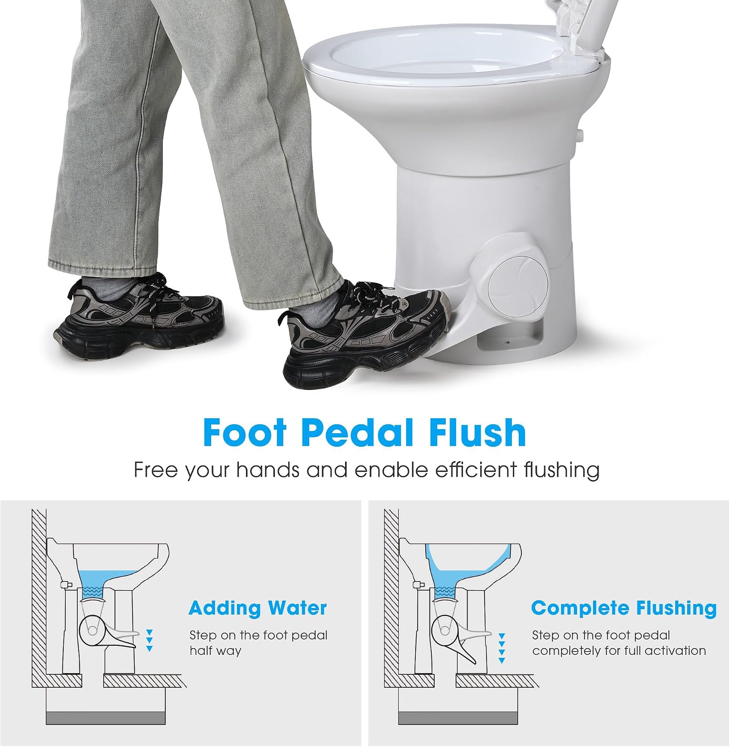 Yescom RV Toilet with Bidet Spray Porcelain Enamel Elongated Gravity Flush Foot Pedal Toilet for Motorhome Caravan Travel Tailer 20' Seating Height Portable Restroom Toilet Fits for Marine