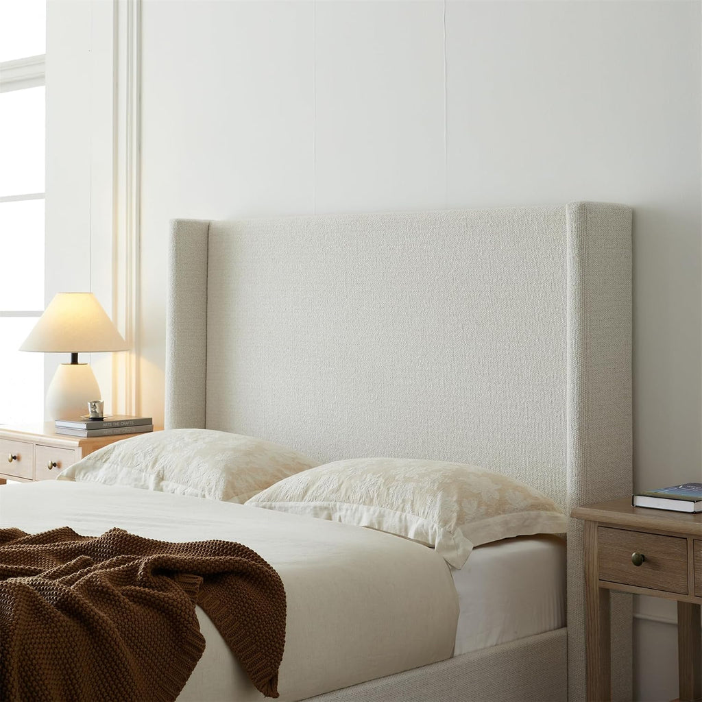 King Boucle Bed Frame with 53.1' Tall Headboard - Cream White Hosford Wingback Upholstered Platform Bed with Wood Base Bedroom Furniture Strong Mattress Wood Slats Support No Box Spring Needed