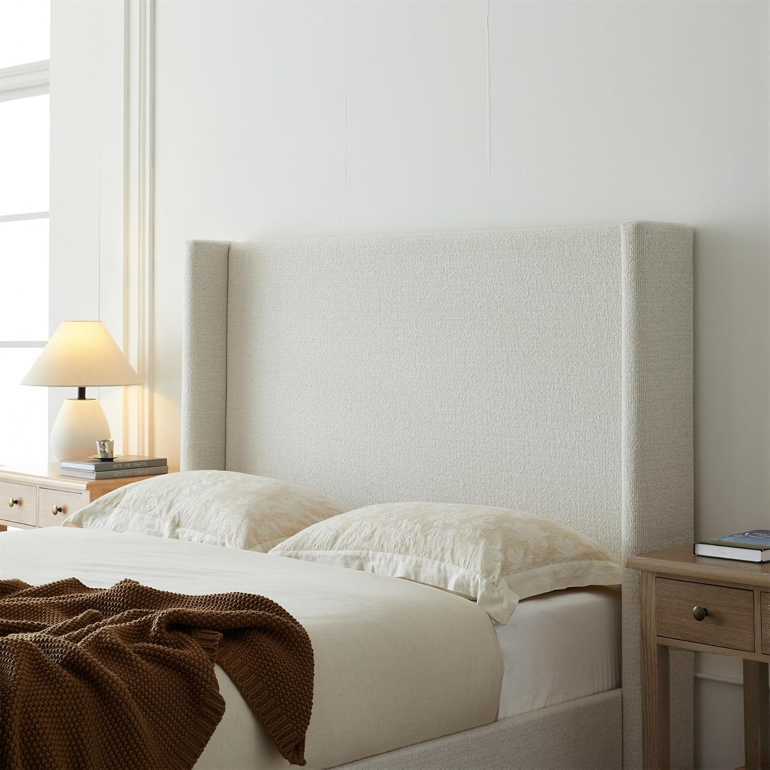 King Boucle Bed Frame with 53.1' Tall Headboard - Cream White Hosford Wingback Upholstered Platform Bed with Wood Base Bedroom Furniture Strong Mattress Wood Slats Support No Box Spring Needed