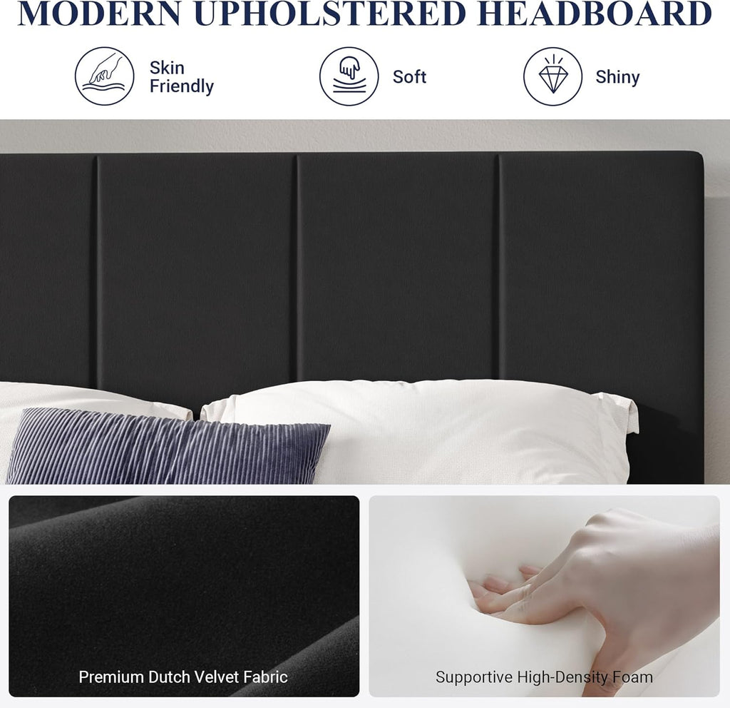 Allewie King Size Dutch Velvet Upholstered Platform Bed Frame/Vertical Channel Tufted Adjustable Headboard/Low Profile Bed Frame/No Box Spring Needed/Easy Assembly/Black