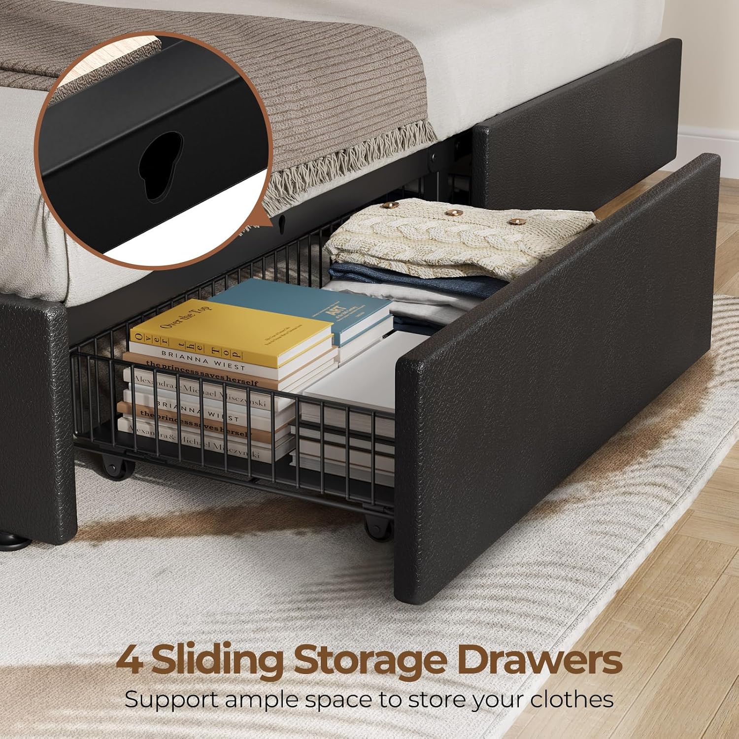 Rolanstar Queen Bed Frame with 4 Storage Drawers and Charging Station, Queen Bed with Led Lights, 2 USB & 1 Type C, Adjustable Headboard 38.9/40.8 Inches, No Box Spring Needed, Black