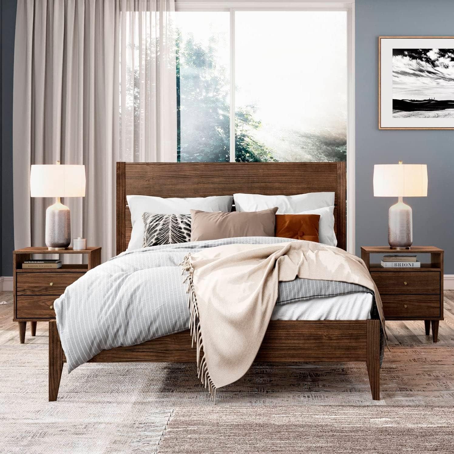 Grain Wood Furniture Mid Century Solid Wood Platform Bed, Queen Size, Brushed Walnut