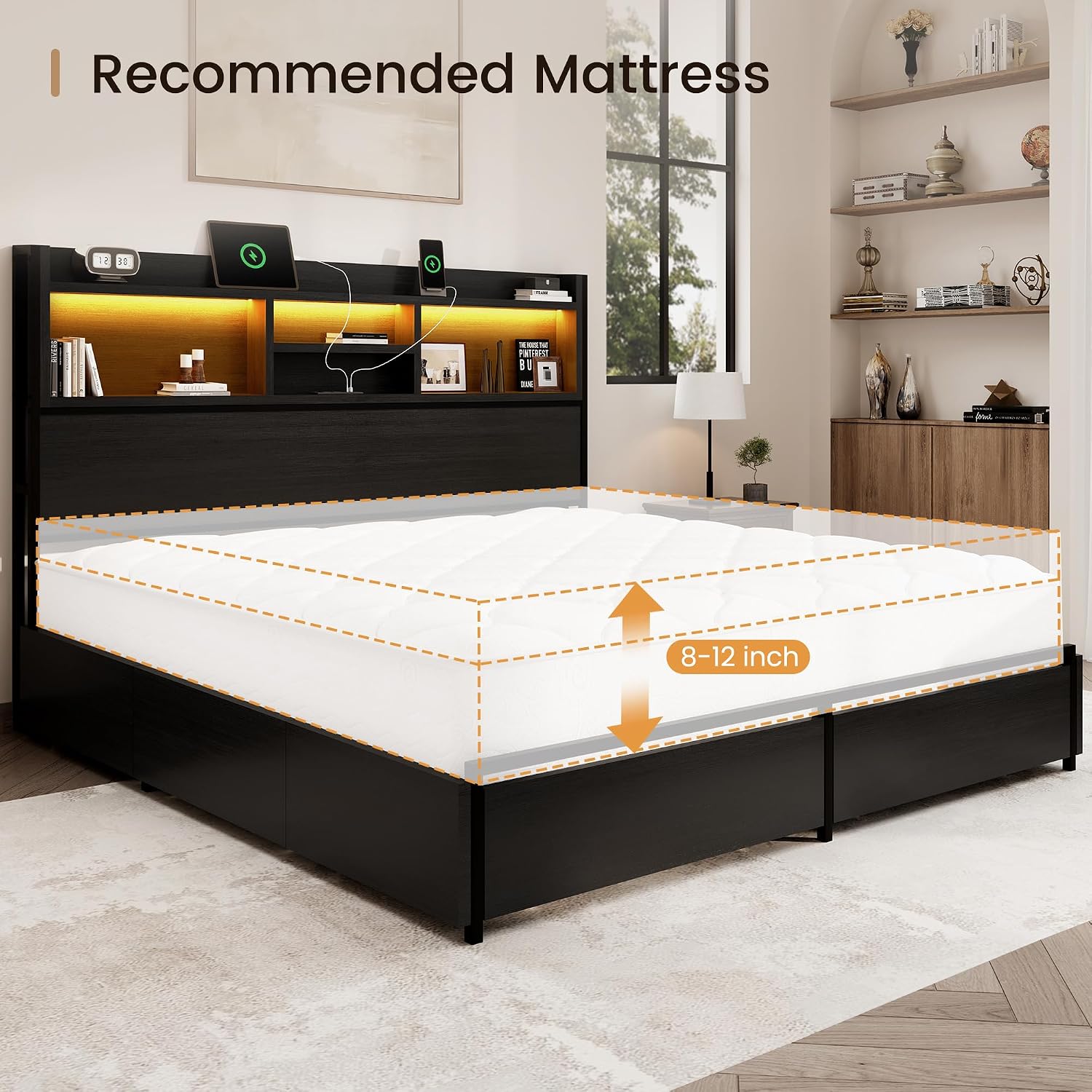 BRELTAM Queen Storage Bed Frame with 6 Drawers, USB Charging Station, No Noise, No Box Spring Required, Vintage Black Headboard Platform Bed
