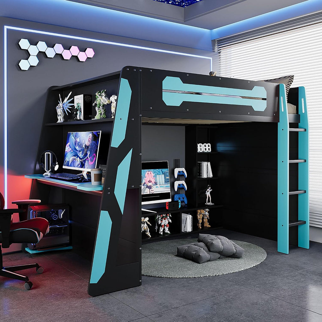 Bellemave Gaming Loft Bed with Desk and Lights, Full Loft Bed with Storage Shelves and Work Station, Wood Loft Bed Frame for Kids, Boys, Girls, Teens, No Spring Box Needed & Dedicated Style, Blue