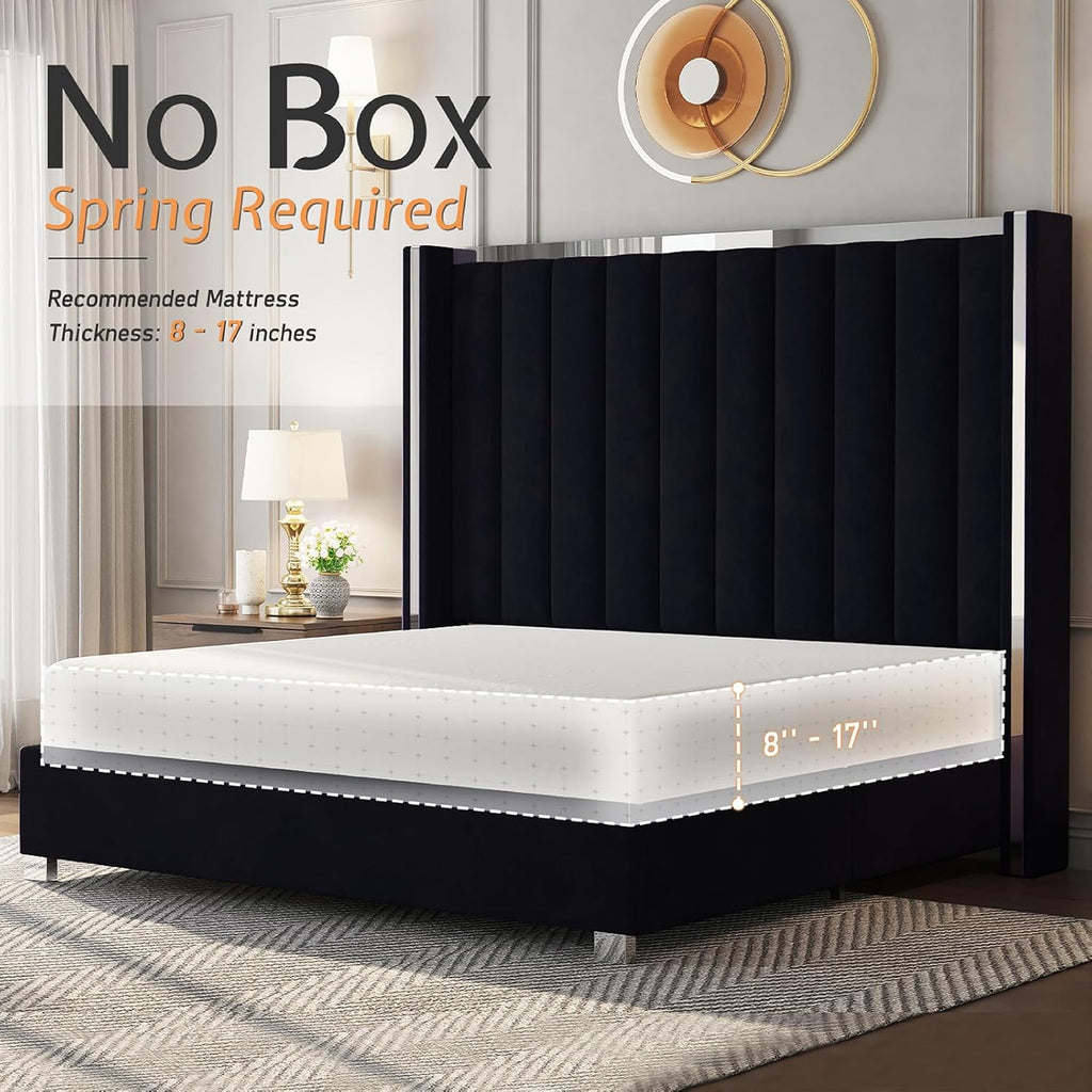 Jocisland Queen Size Bed Frame with 58' Tall Headboard, Velvet Upholstered Platform Bed with Channel Tufted Wingback Headboard and Plating Trim, No Box Spring Needed, Black