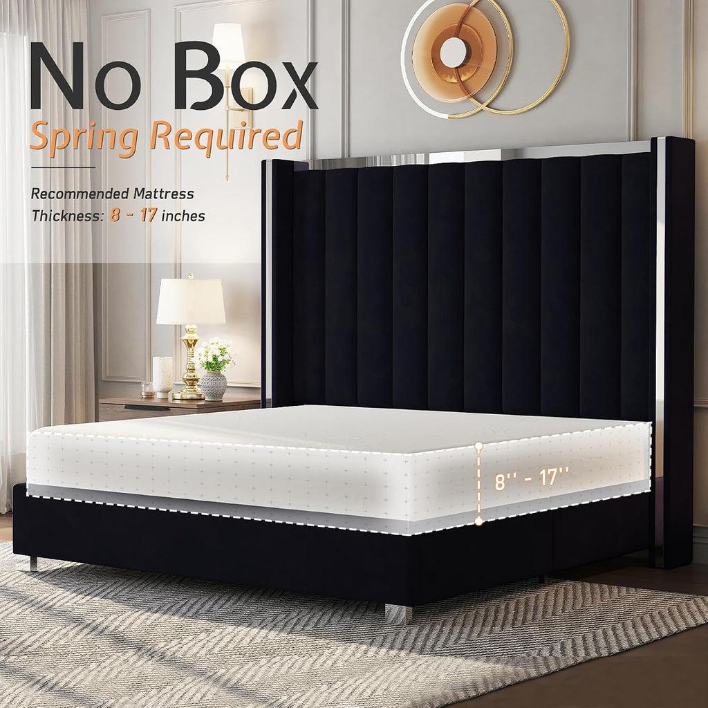 Jocisland King Size Bed Frame with 58' Tall Headboard, Velvet Upholstered Platform Bed with Channel Tufted Wingback Headboard and Plating Trim, No Box Spring Needed, Black