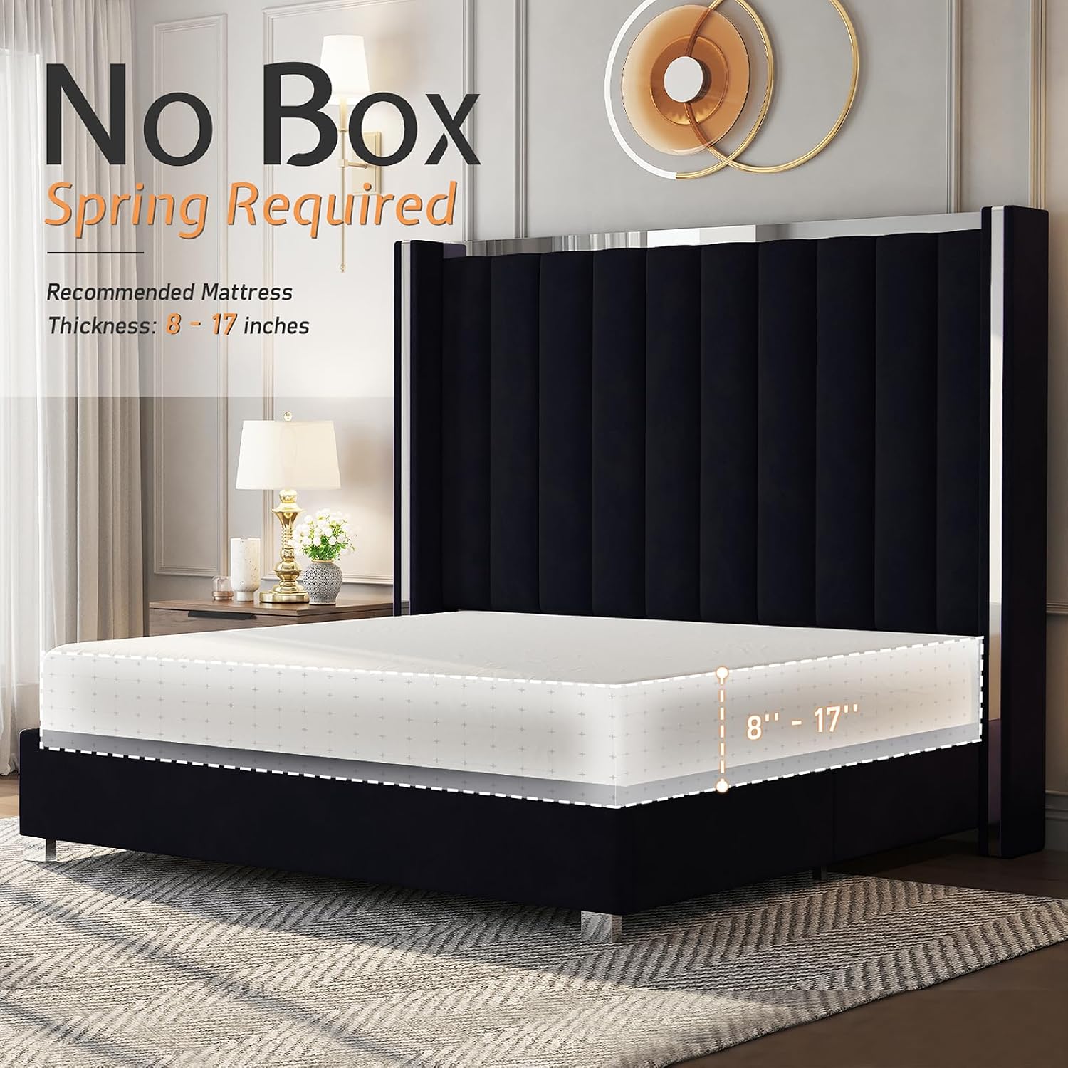 Jocisland King Size Bed Frame with 58' Tall Headboard, Velvet Upholstered Platform Bed with Channel Tufted Wingback Headboard and Plating Trim, No Box Spring Needed, Black
