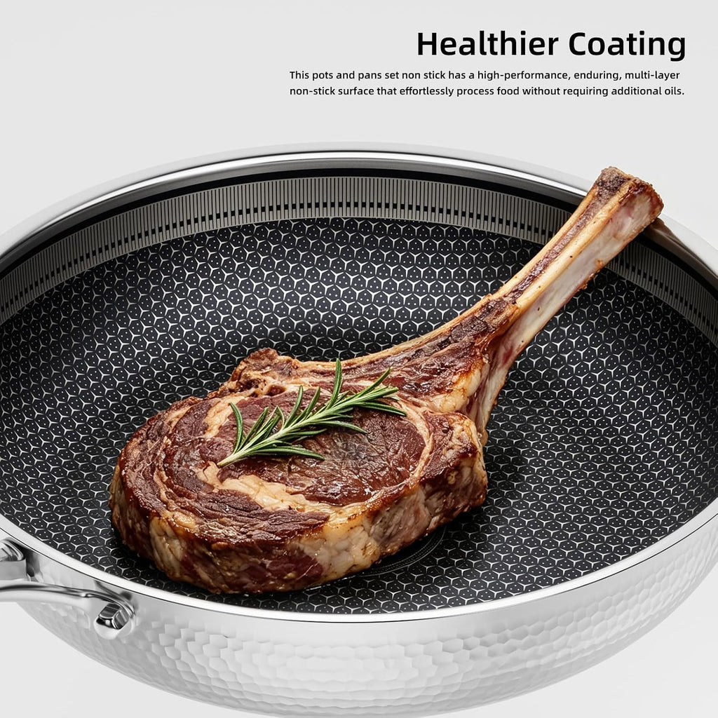 Stainless Steel Nonstick Pots and Pans Set (7 Pcs), PFOA Free, Induction Compatible, Fast & Even Heat, Dishwasher & Oven Safe (500F), 8/10/12' Fry Pans, Saucepan, Stock Pot for Home Cooking