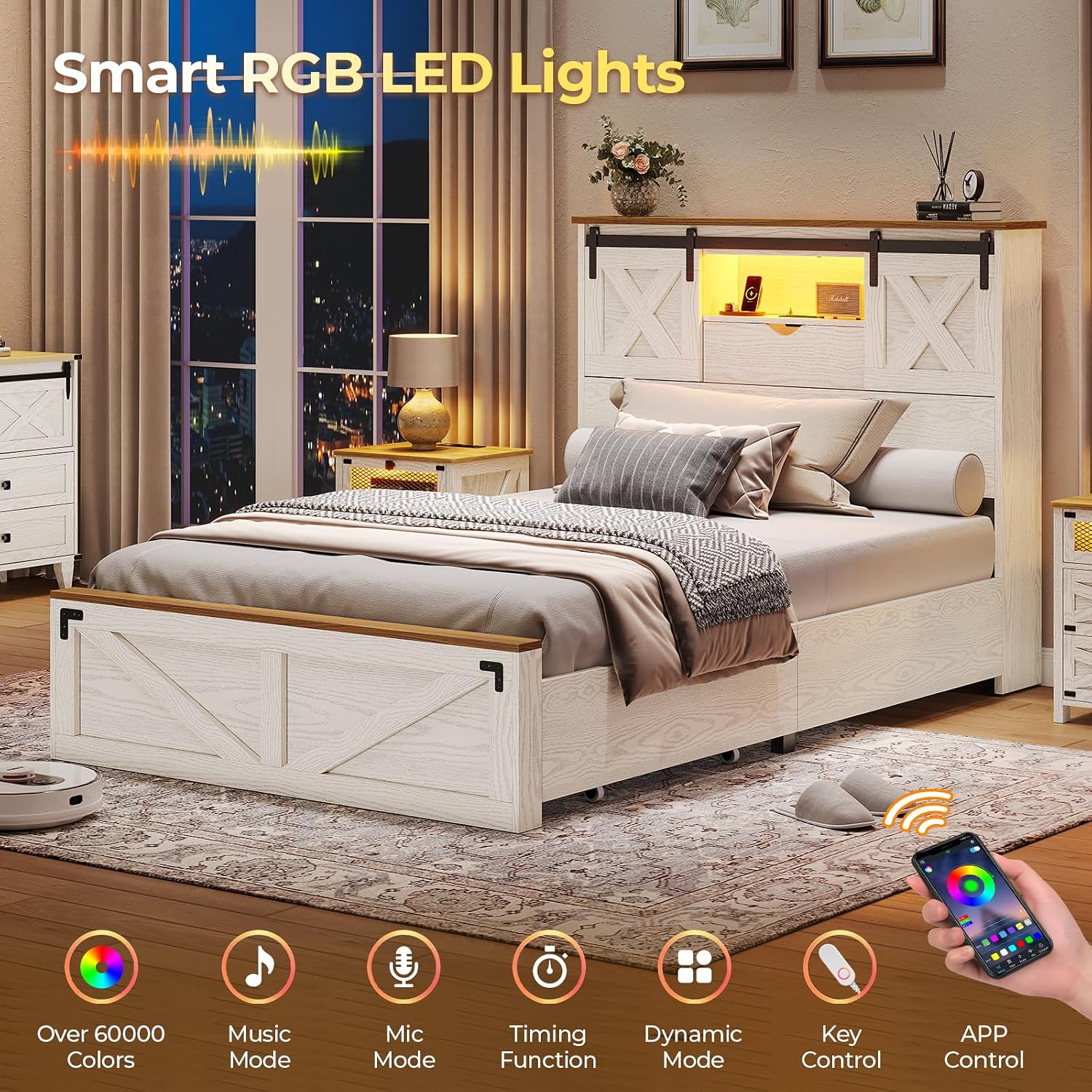 Hasuit Farmhouse Bed Frame Twin Size with 2 Storage Drawers, Wooden Platform Twin Bed with LED Lights and Charging Station, Rustic Accent Headboard with Sliding Barn Door Storage Cabinets