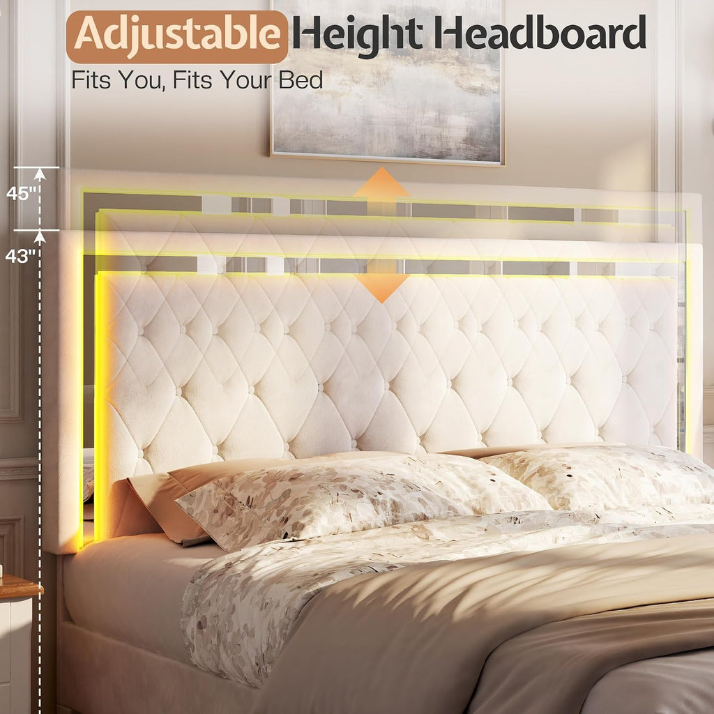 Jocisland Full Bed Frame with LED Lights Headboard&Footboard, Velvet Upholstered Full Size Platform Bed Frame No Box Spring Needed/Cream