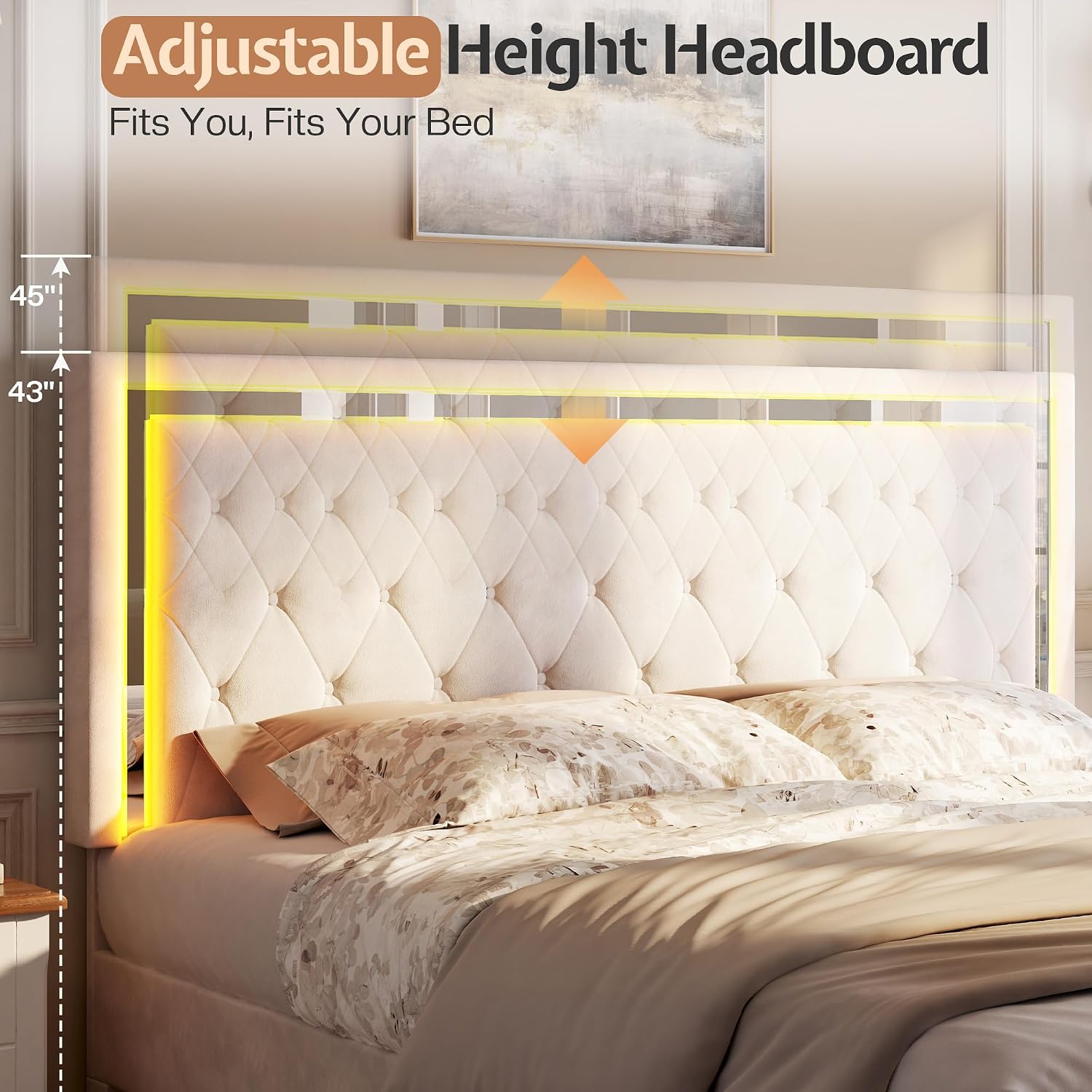 Jocisland Full Bed Frame with LED Lights Headboard&Footboard, Velvet Upholstered Full Size Platform Bed Frame No Box Spring Needed/Cream