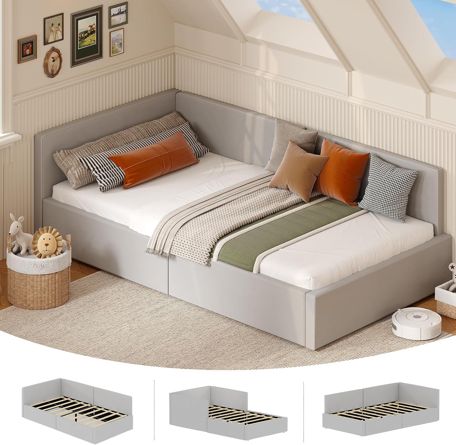 GarveeHome Twin Daybed with Bed Rails, Velvet Upholstered Corner Bed Frame with Headboard, Modern Kids Bed with Guardrail for Living Room, Bedroom, Easy Assembly, Light Grey