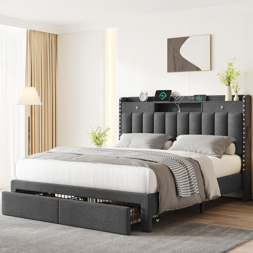 CypBed Full Size Upholstered Platform Bed Frame with 2-Tier Storage Headboard, USB & Type-C Charging Ports, 2 Storage Drawers, Solid Wood Slats, No Box Spring Needed, No-Noise, Dark Grey