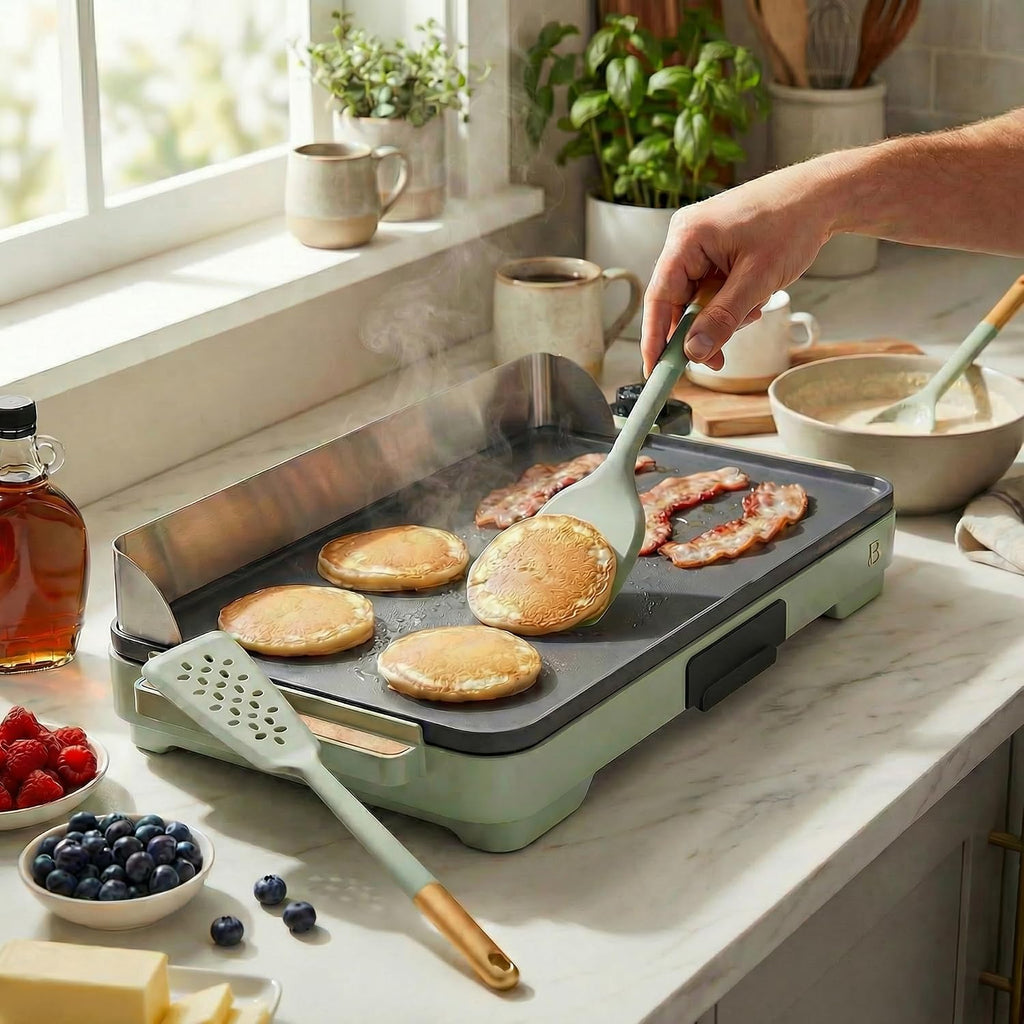 XL Electric Griddle 12' x 22' with Ceramic Nonstick Coating and Removable Heat Control with 3-Piece Silicone Spoon - Sage Green Flat Top Electric Grill with Drip Tray and Backsplash