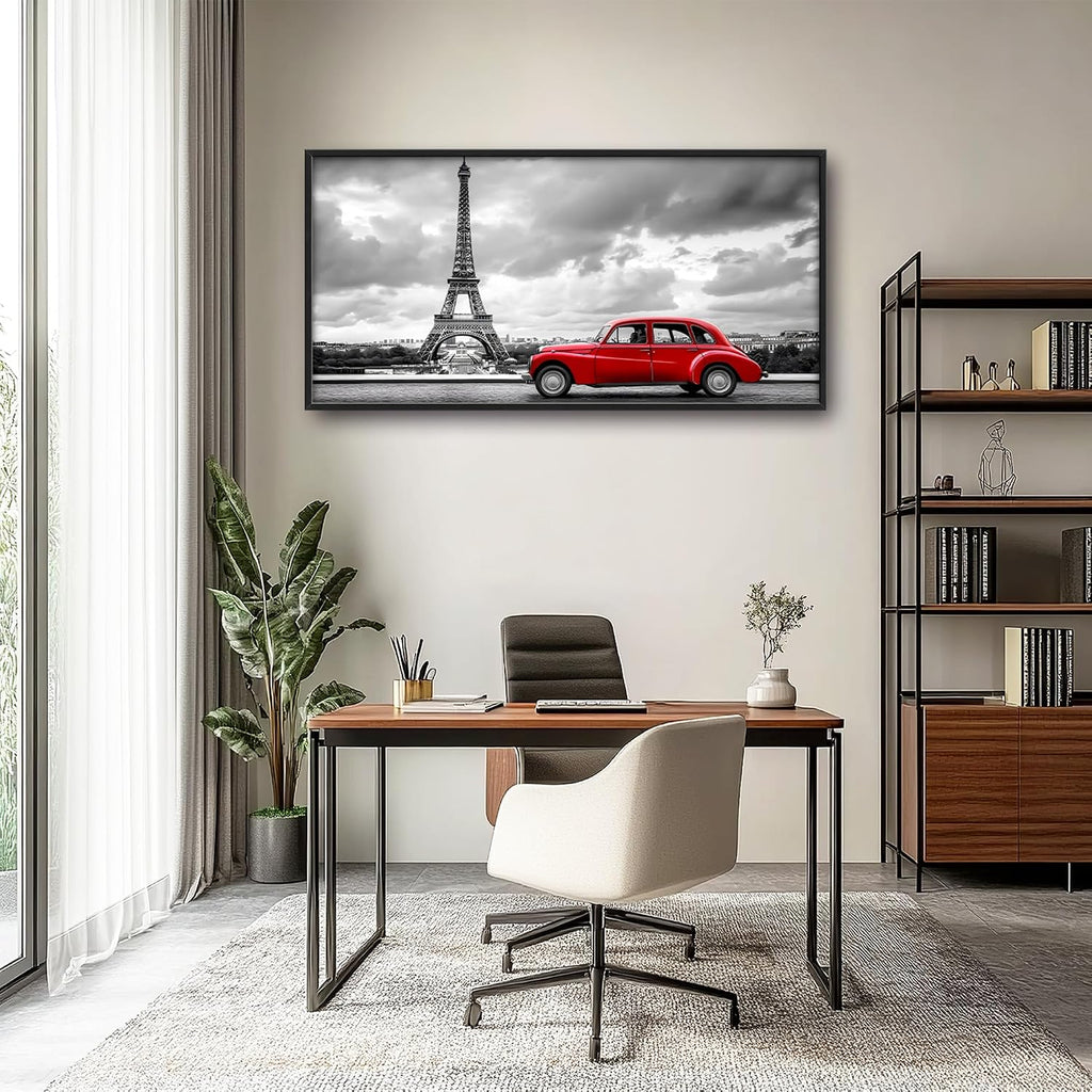 Eiffel Tower Large Wall Art Black and White Framed Red Wall Decor for Living Room Paris City Pictures Oversized Canvas Print Painting Modern Extra Large Framed Artwork for Bedroom Office 60'x30'