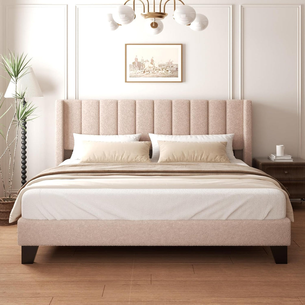King Bed Frame with Headboard Upholstered Platform Bed Frame with Teddy Velvet Headboard, Wooden Slats Support/Wing Edge Design/No Box Spring Needed/Easy Assembly, Camle