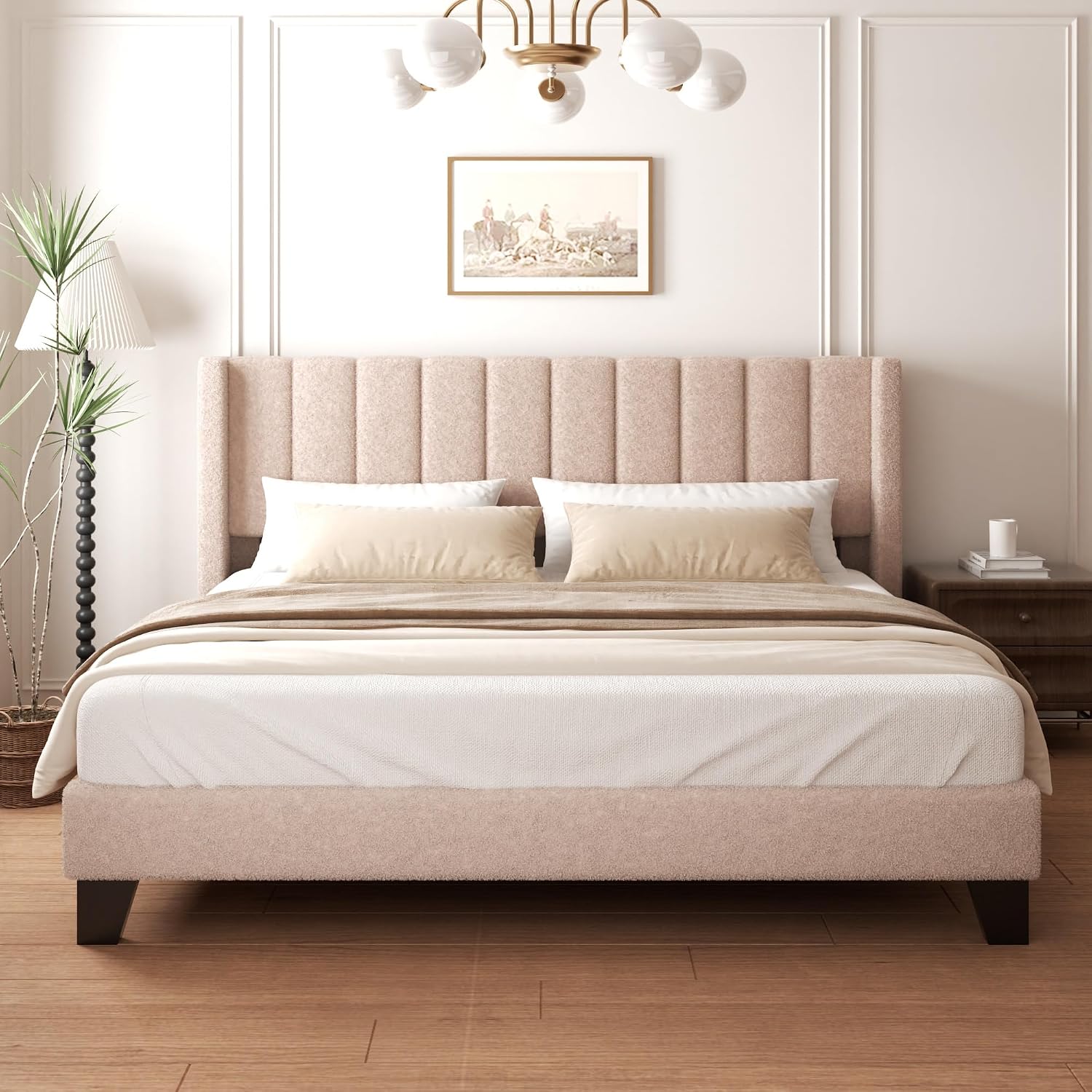 King Bed Frame with Headboard Upholstered Platform Bed Frame with Teddy Velvet Headboard, Wooden Slats Support/Wing Edge Design/No Box Spring Needed/Easy Assembly, Camle