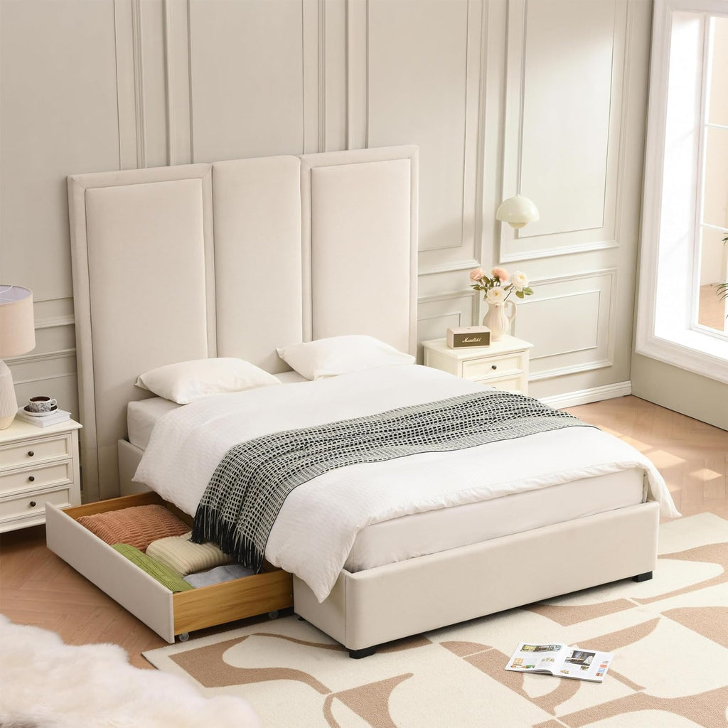 YUHUASHI Queen Size Bed Frame with 64-inch High Headboard, Simple and Airy Linen Upholstered Platform Bed with Storage Drawers, Wood Slat, No Noise (Beige, Queen)