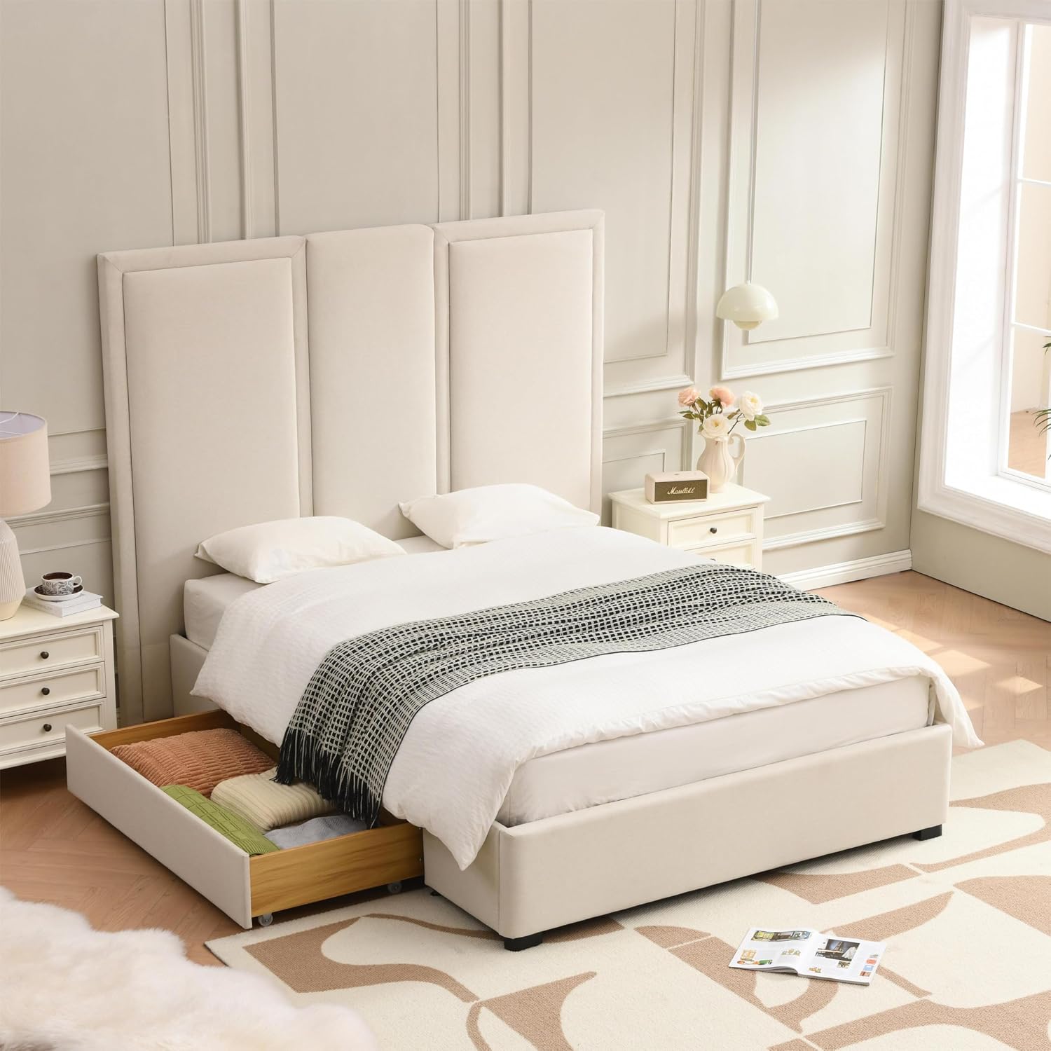 YUHUASHI Queen Size Bed Frame with 64-inch High Headboard, Simple and Airy Linen Upholstered Platform Bed with Storage Drawers, Wood Slat, No Noise (Beige, Queen)