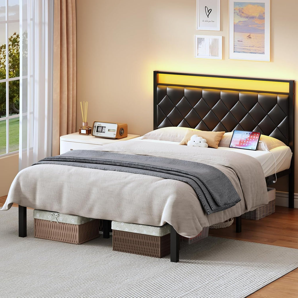 Queen Size Bed Frame with Headboard, Modern Metal Bed Frame with LED Lights & Charging Station, PU Leather Upholstered Headboard, All Metal Slats Support, No Boxing Spring Needed, Noise Free, Black
