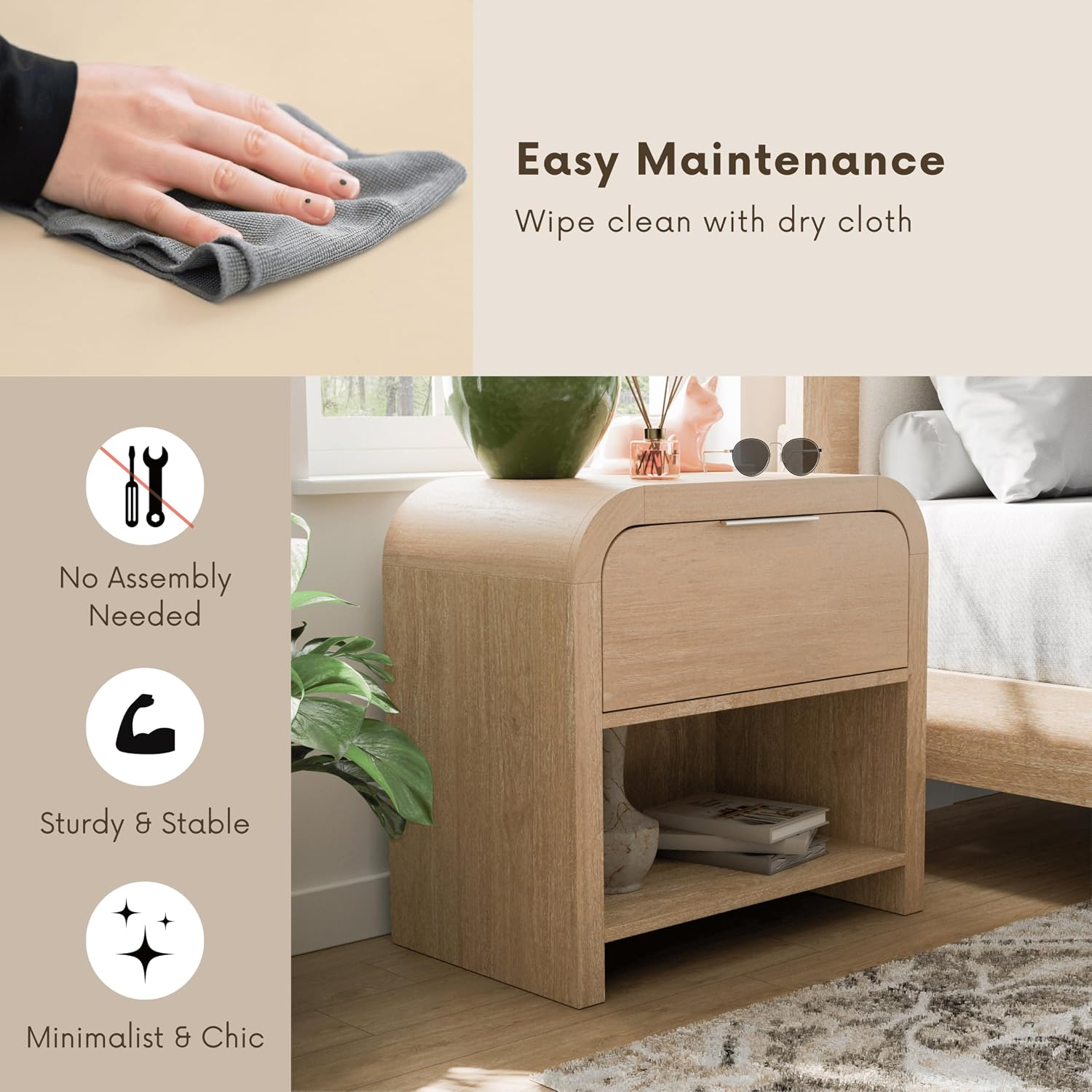 Furniture of America Verena Boho Solid Wood 3-Piece Bedroom Set with Padded Headboard Bed, Metal Side Glide, Finger Pulls on Nightstand and Chest, Box Spring Needed, Queen, Natural