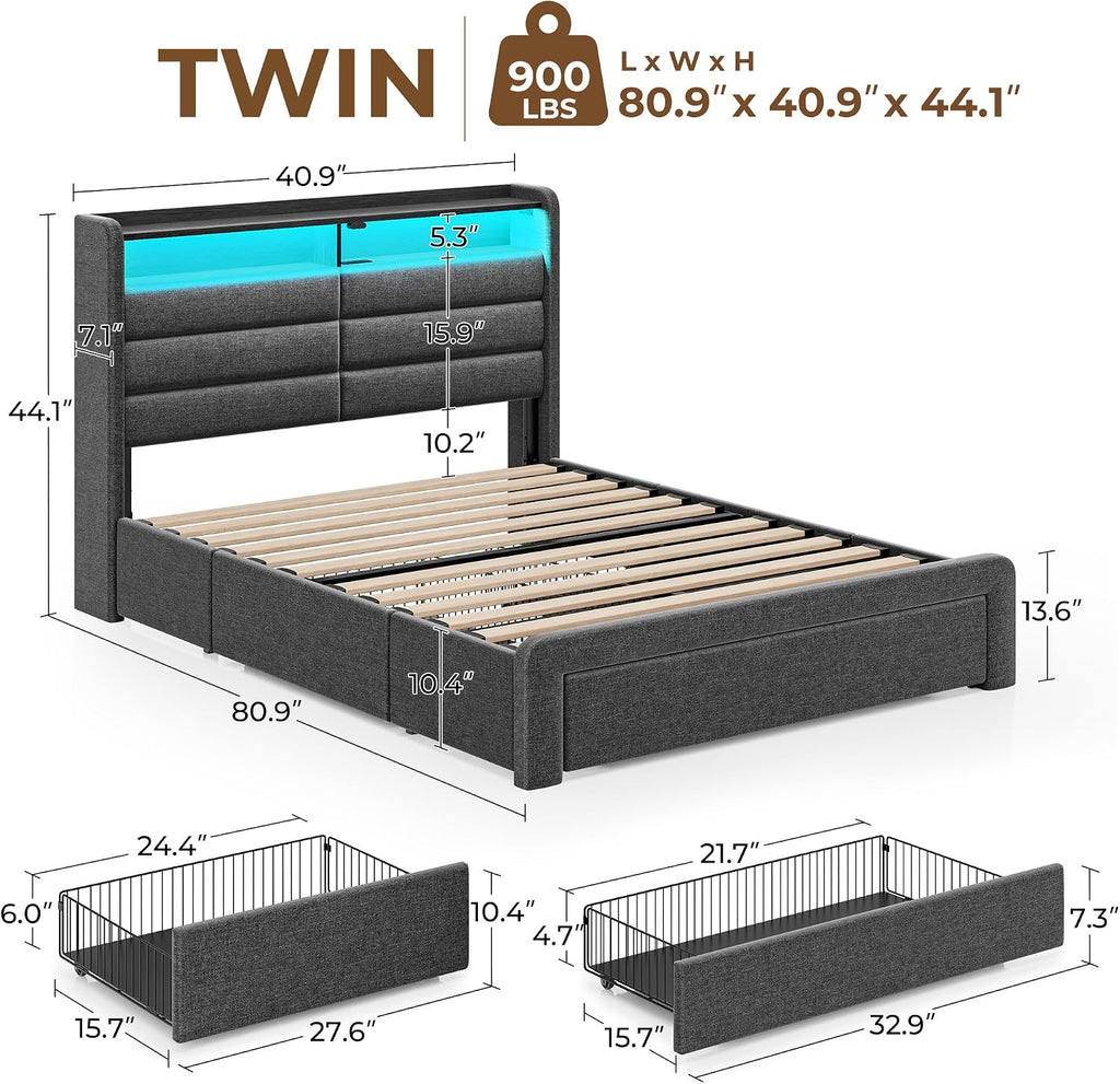 Seventable Twin Size Bed Frame with 3 Storage Drawers & Charging Station, Upholstered Platform Bed with Storage Headboard and LED Light, No Box Spring Needed, Noise Free, Easy Assembly, Dark Grey