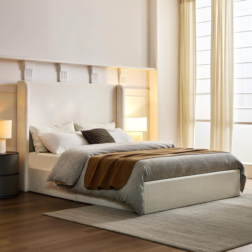 King Size Upholstered Platform Bed Frame, 52.3' High Headboard Carmen Wingback Beds, Tall Headboard King Floor Bed Frames, No Box Spring Needed No Noise, Minimalist, Textured Ivory