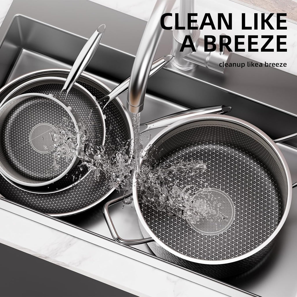 Stainless Steel Nonstick Pots and Pans Set (7 Pcs), PFOA Free, Induction Compatible, Fast & Even Heat, Dishwasher & Oven Safe (500F), 8/10/12' Fry Pans, Saucepan, Stock Pot for Home Cooking