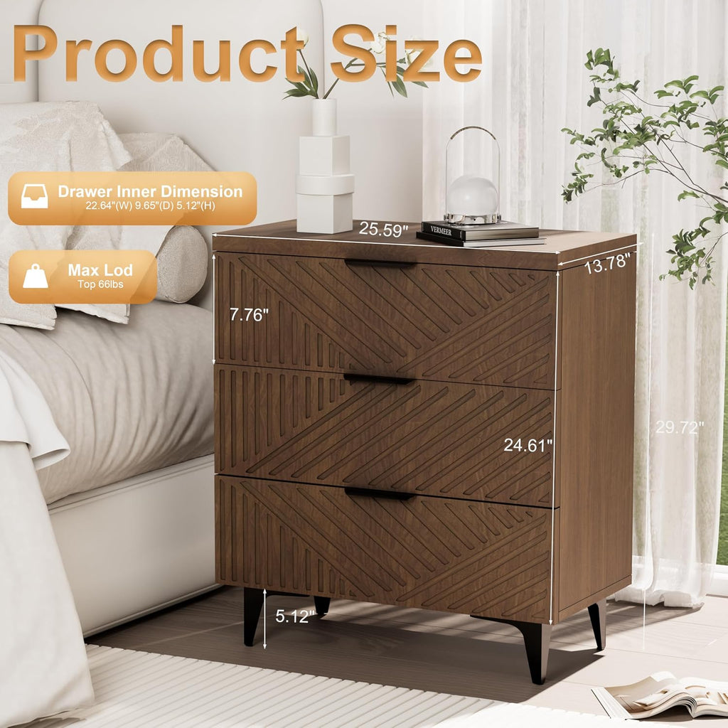 Royal Windsor Large Night Stand Fluted Nightstand with 3 Drawers, Side End Table with Storage, Modern Oversized Nightstands Bedside Table for Bedroom, Brown