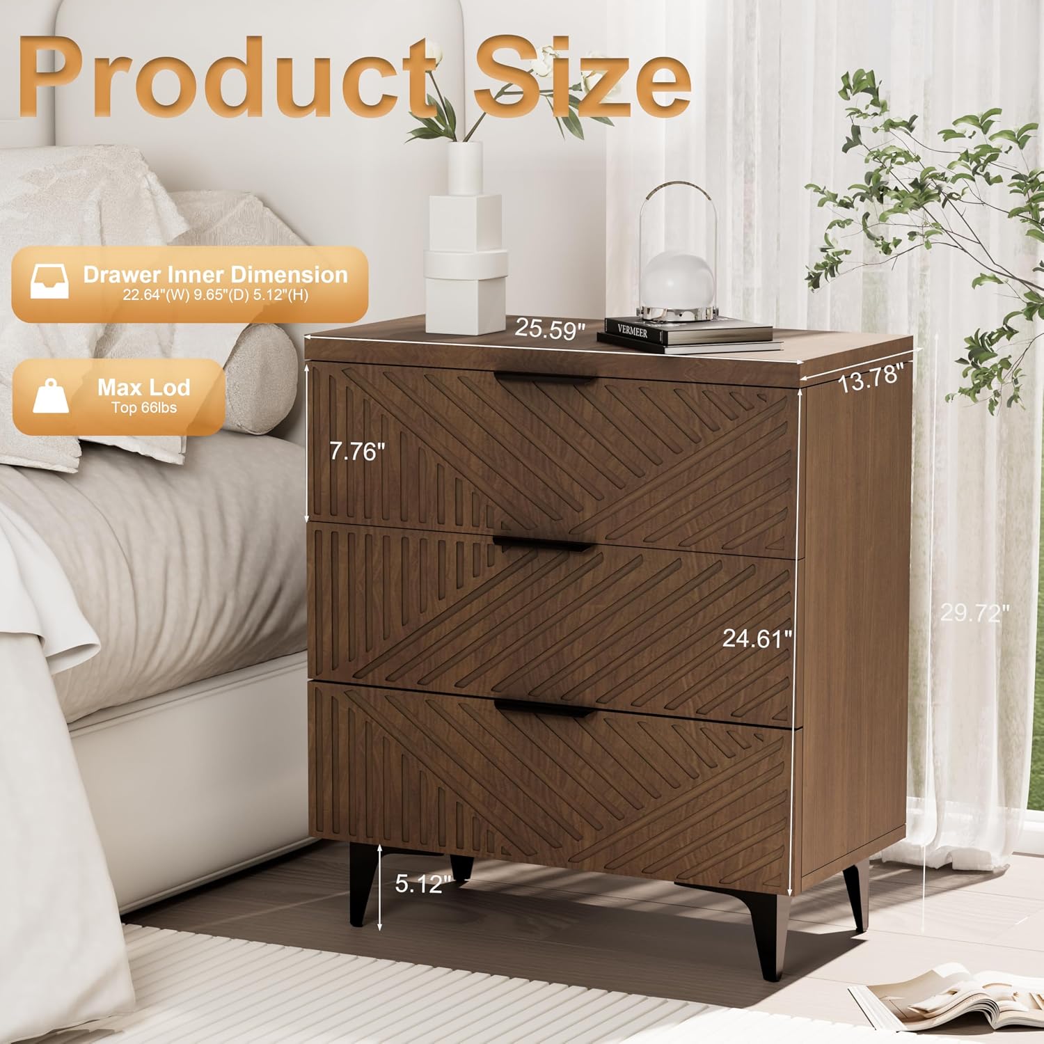 Royal Windsor Large Night Stand Fluted Nightstand with 3 Drawers, Side End Table with Storage, Modern Oversized Nightstands Bedside Table for Bedroom, Brown