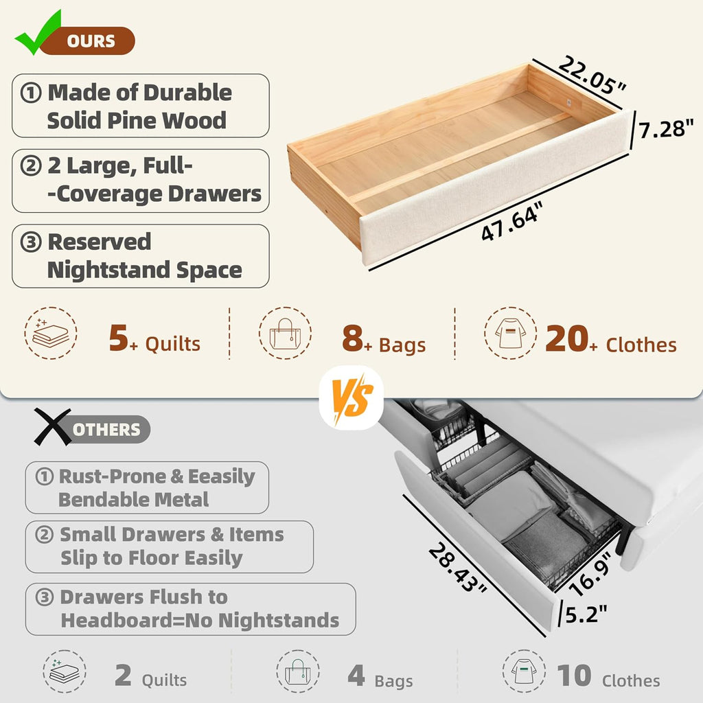 King Size Wood Bed Frame with Built-in Nightstands, Linen Platform Bed Frame with 2 Drawers, Natural Wood Grain & Luxury Upholstered Storage Headboard, No Box Spring Needed, Easy Assembly, Cream